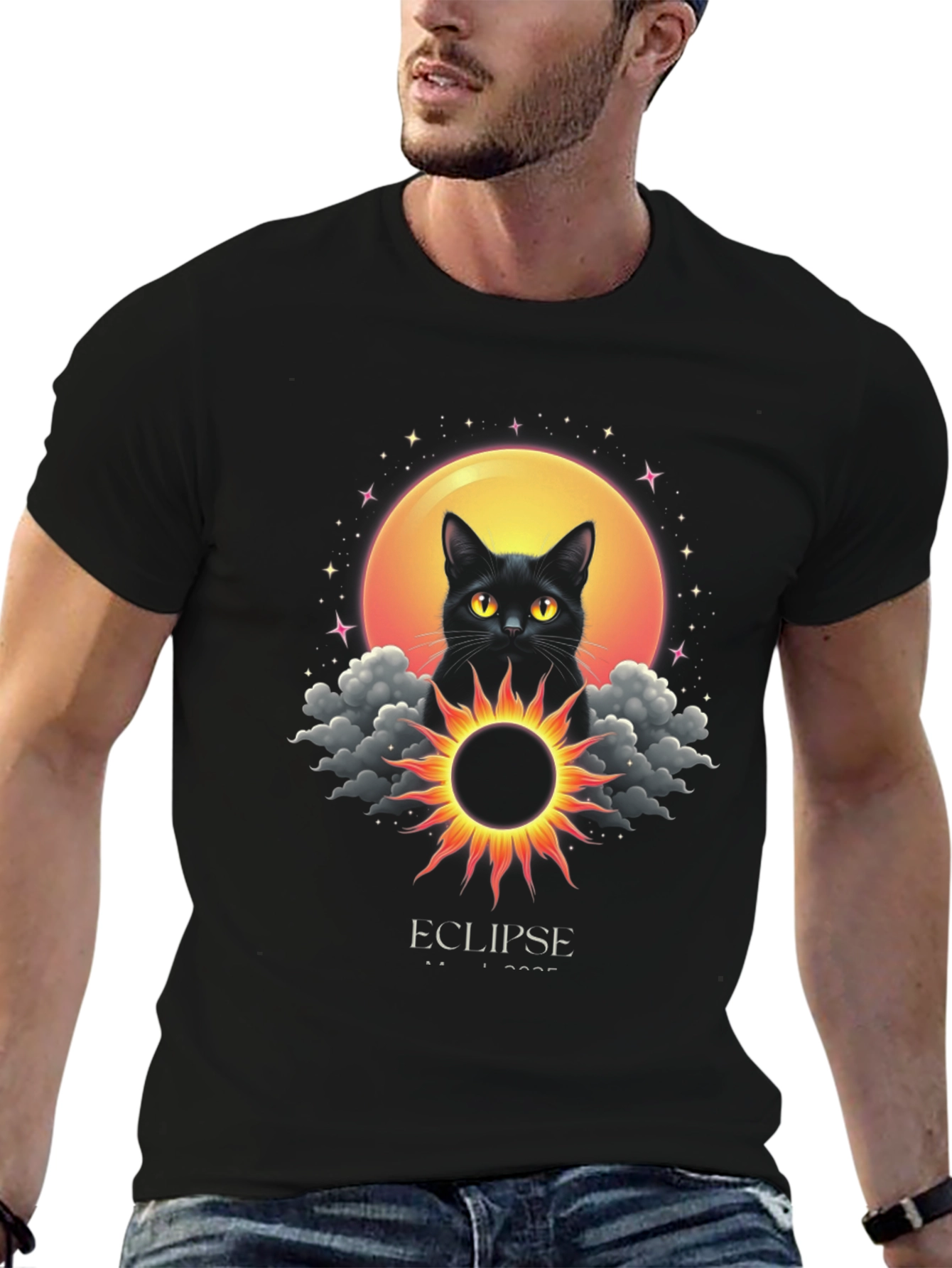 Eclipse Cat Graphic T-Shirt - Celestial Style