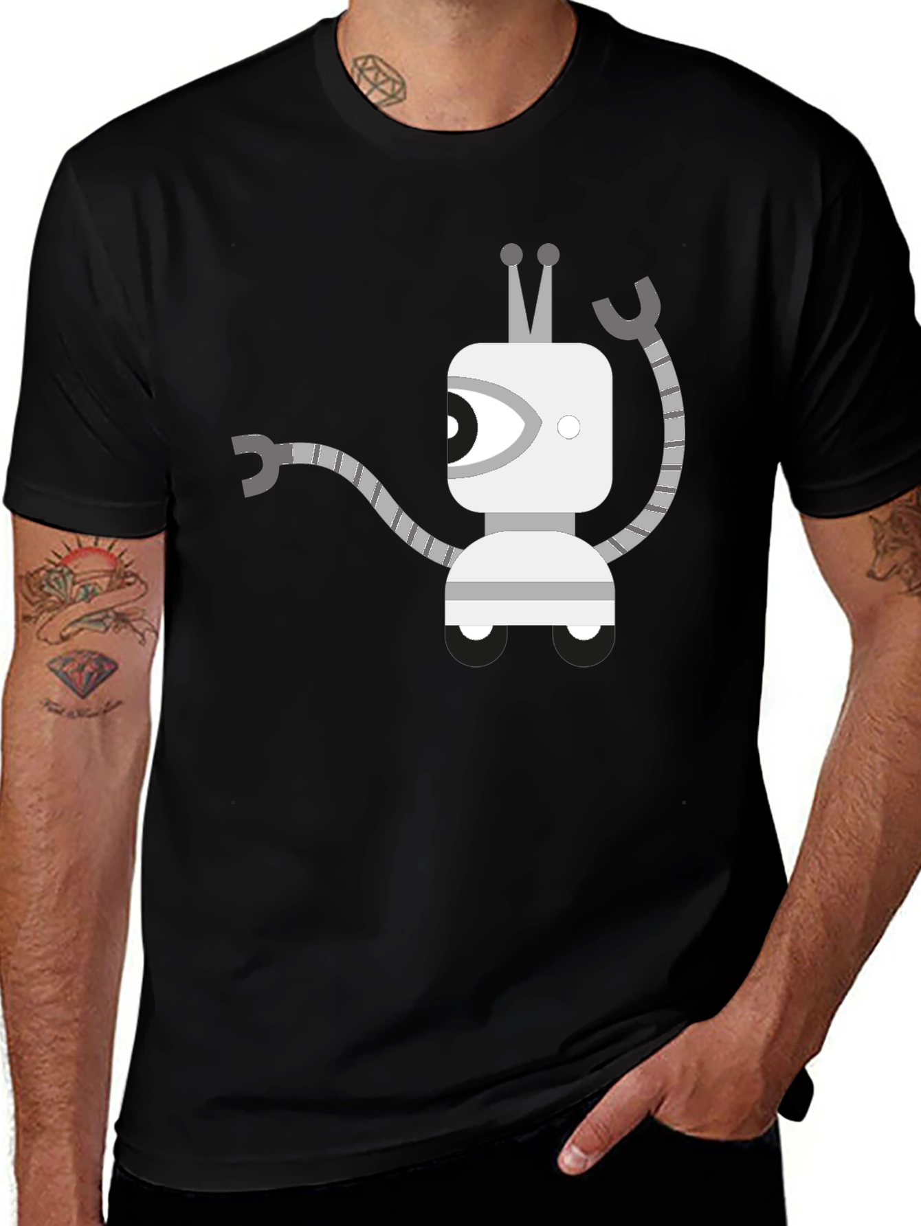 Robot Graphic Tee - Black Cotton Casual Wear