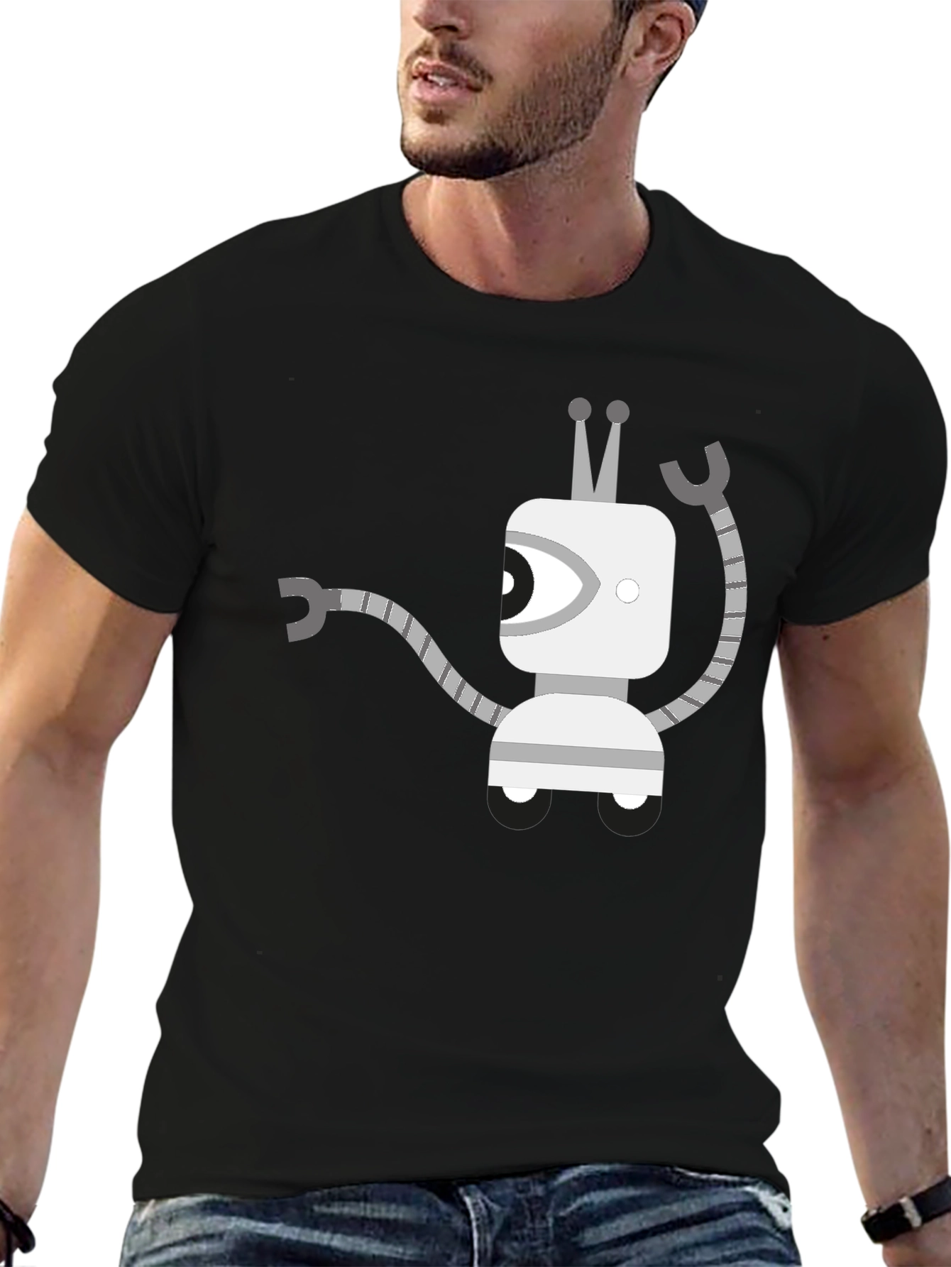 Robot Graphic Tee - Black Cotton Casual Wear