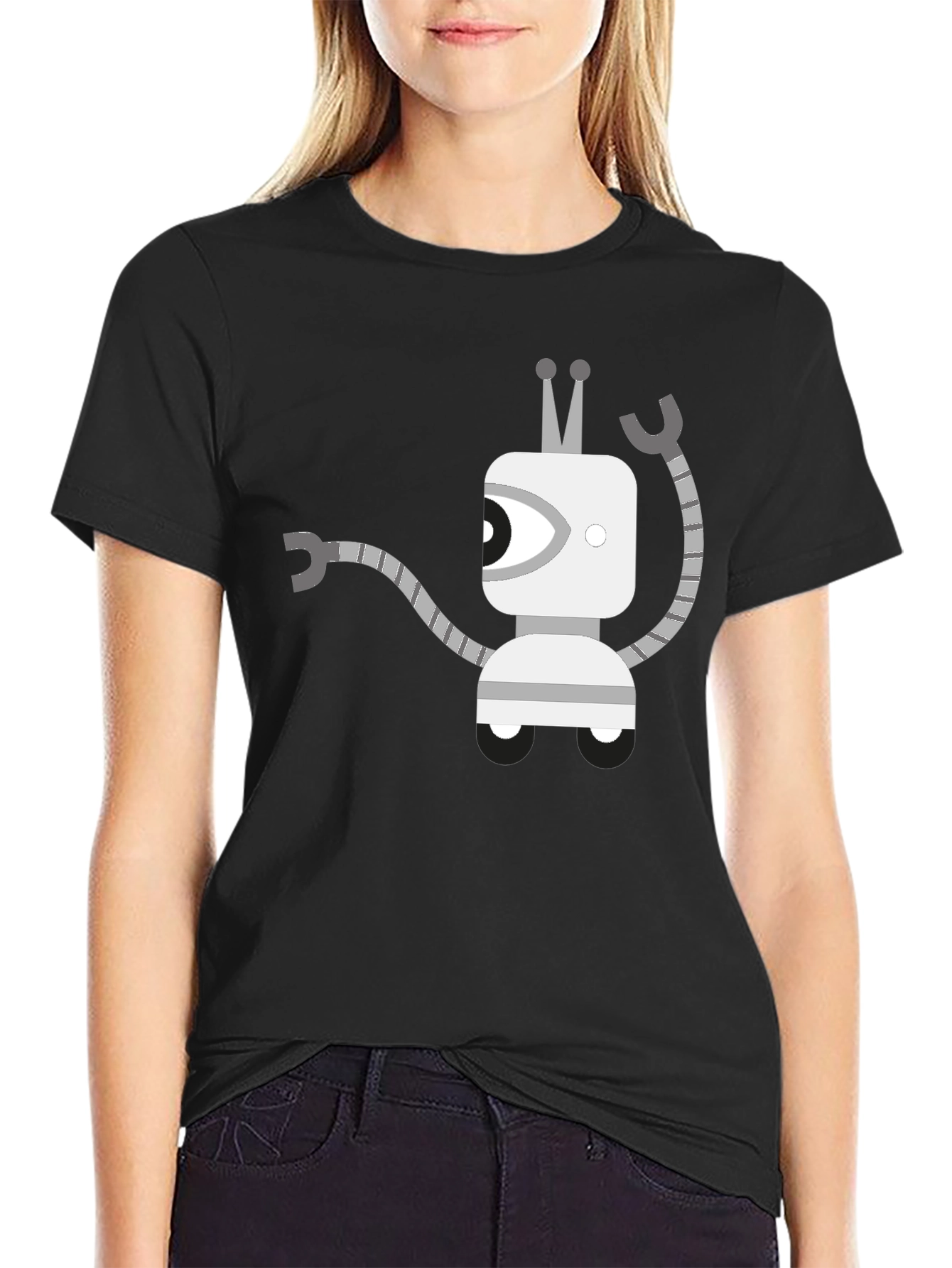 Robot Graphic Tee - Black Cotton Casual Wear