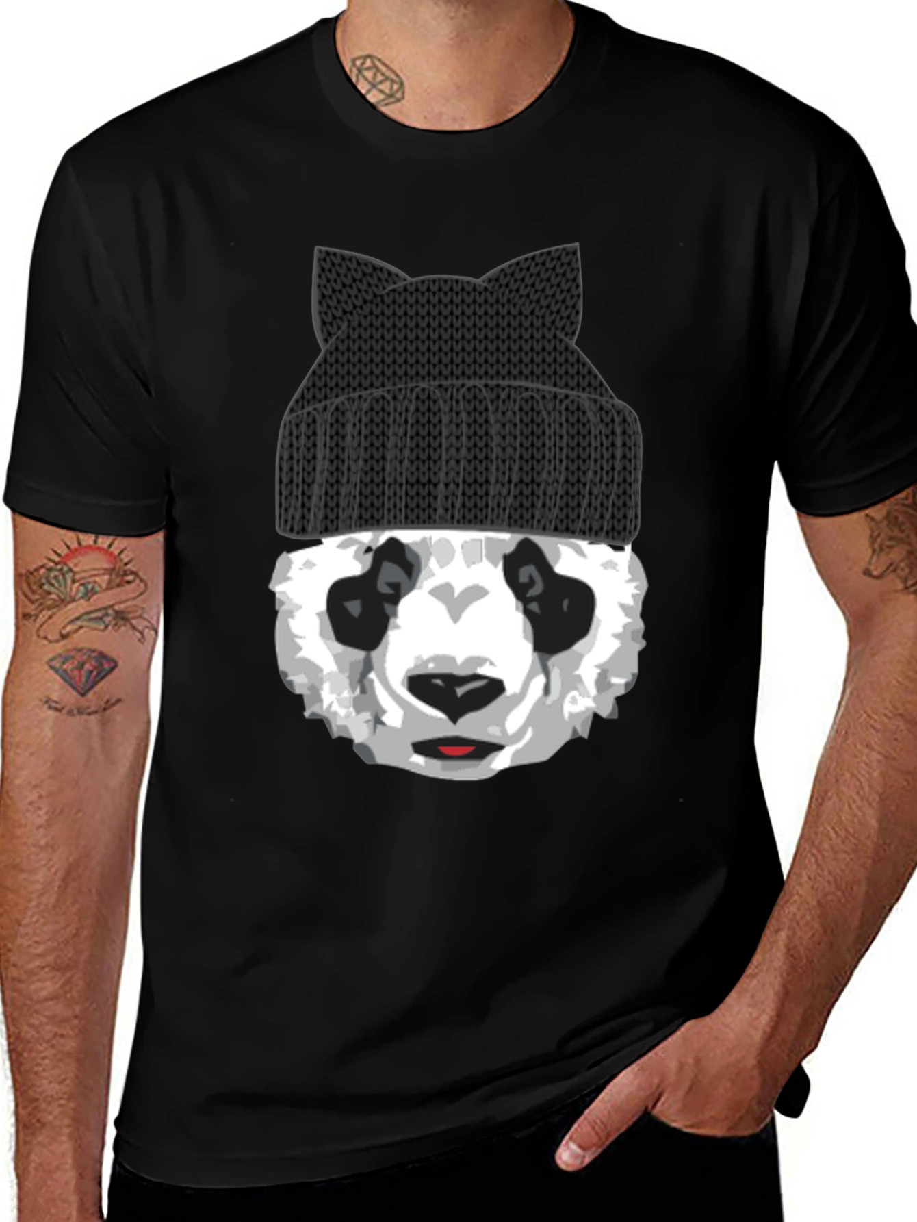 Cool Panda Bear with Cat Ear Beanie Graphic Tee