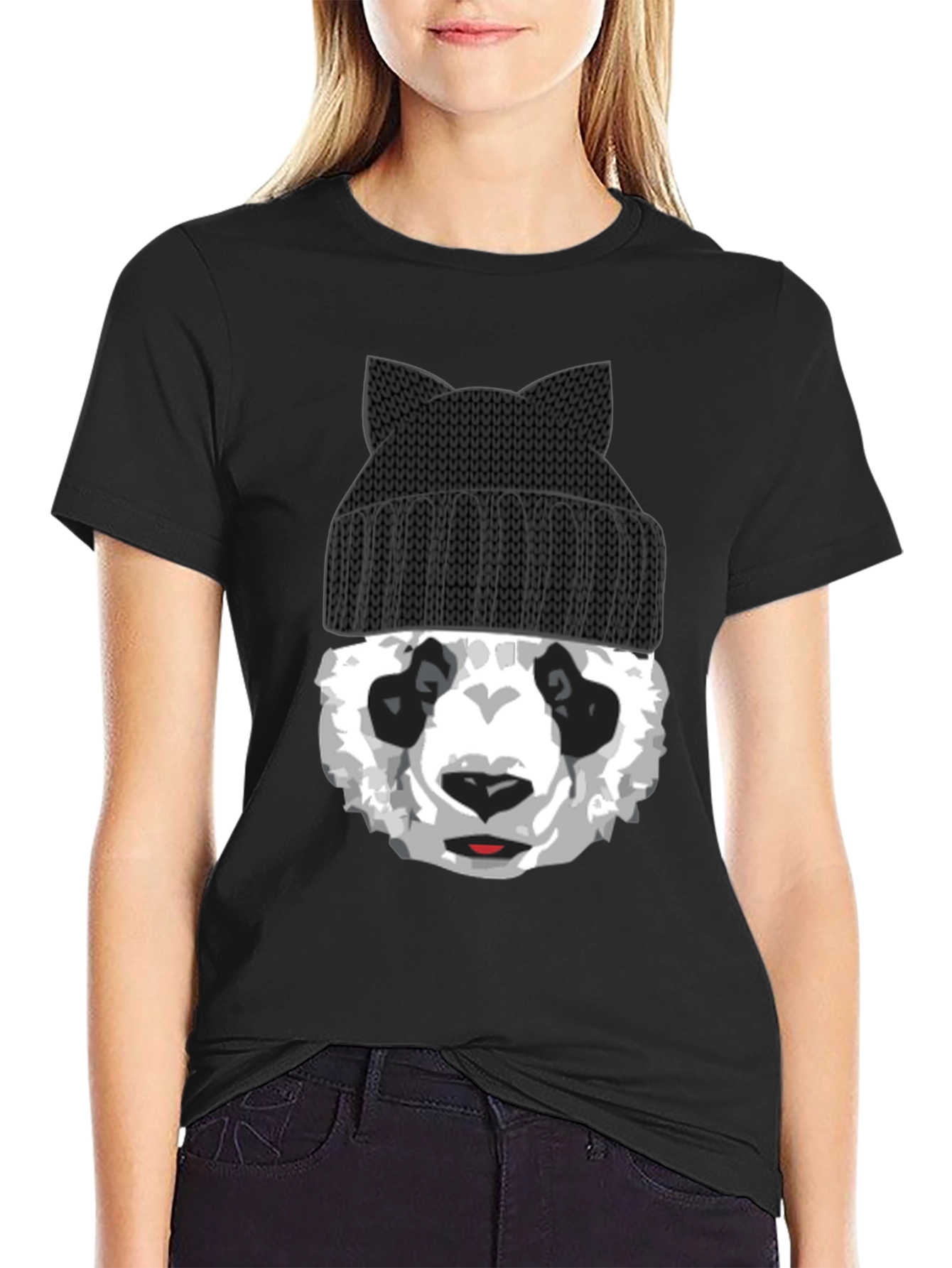 Cool Panda Bear with Cat Ear Beanie Graphic Tee