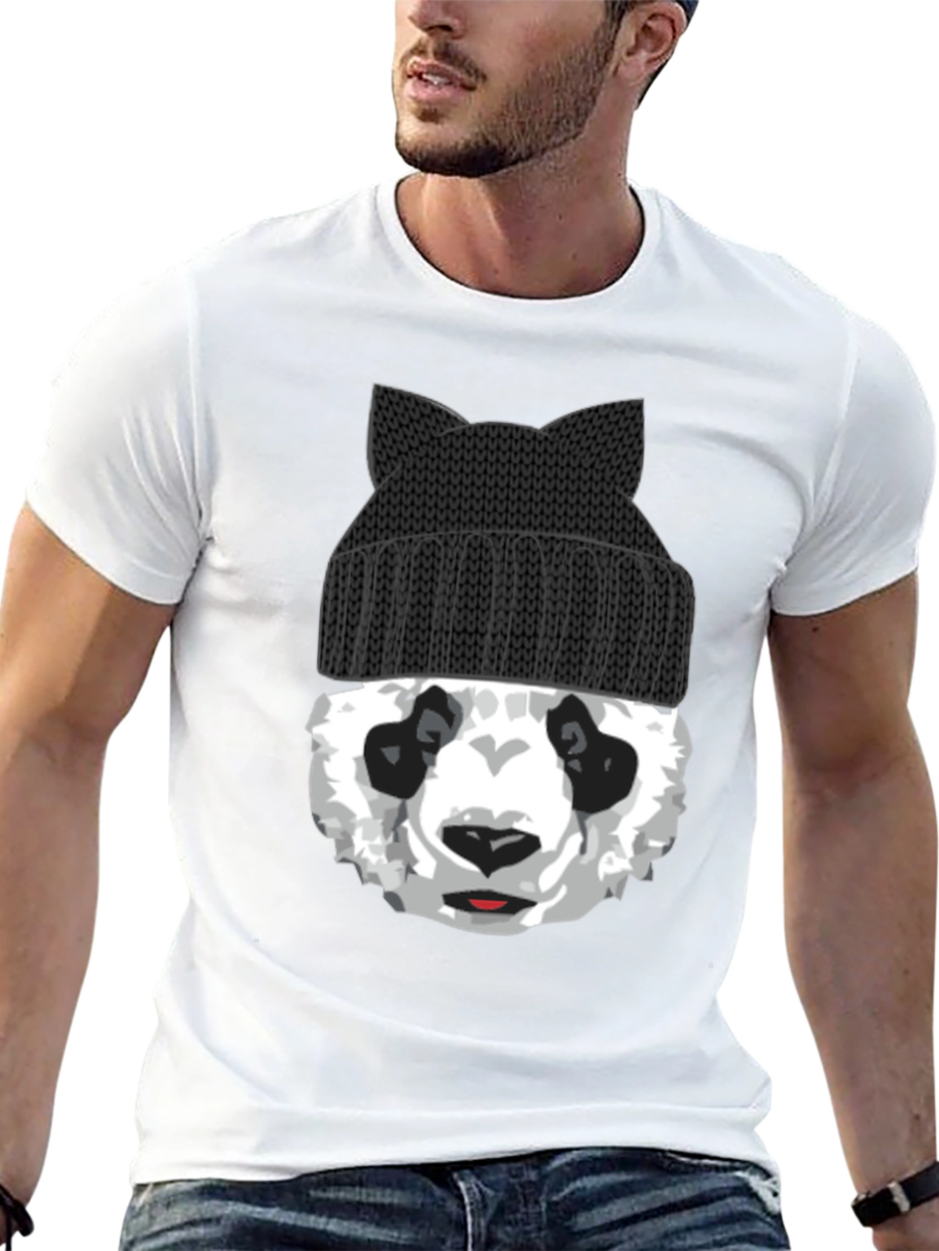 Cool Panda Bear with Cat Ear Beanie Graphic Tee