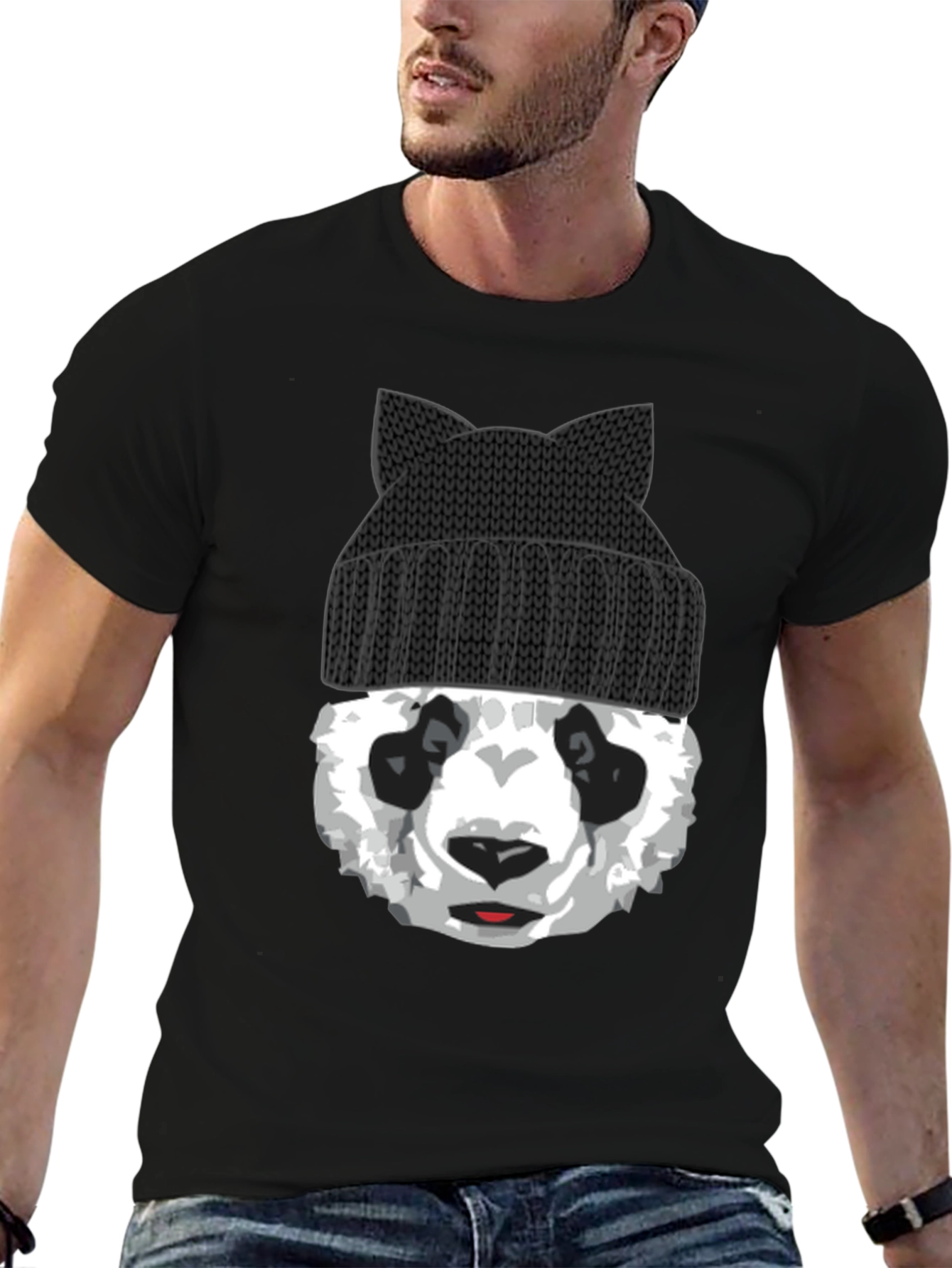 Cool Panda Bear with Cat Ear Beanie Graphic Tee
