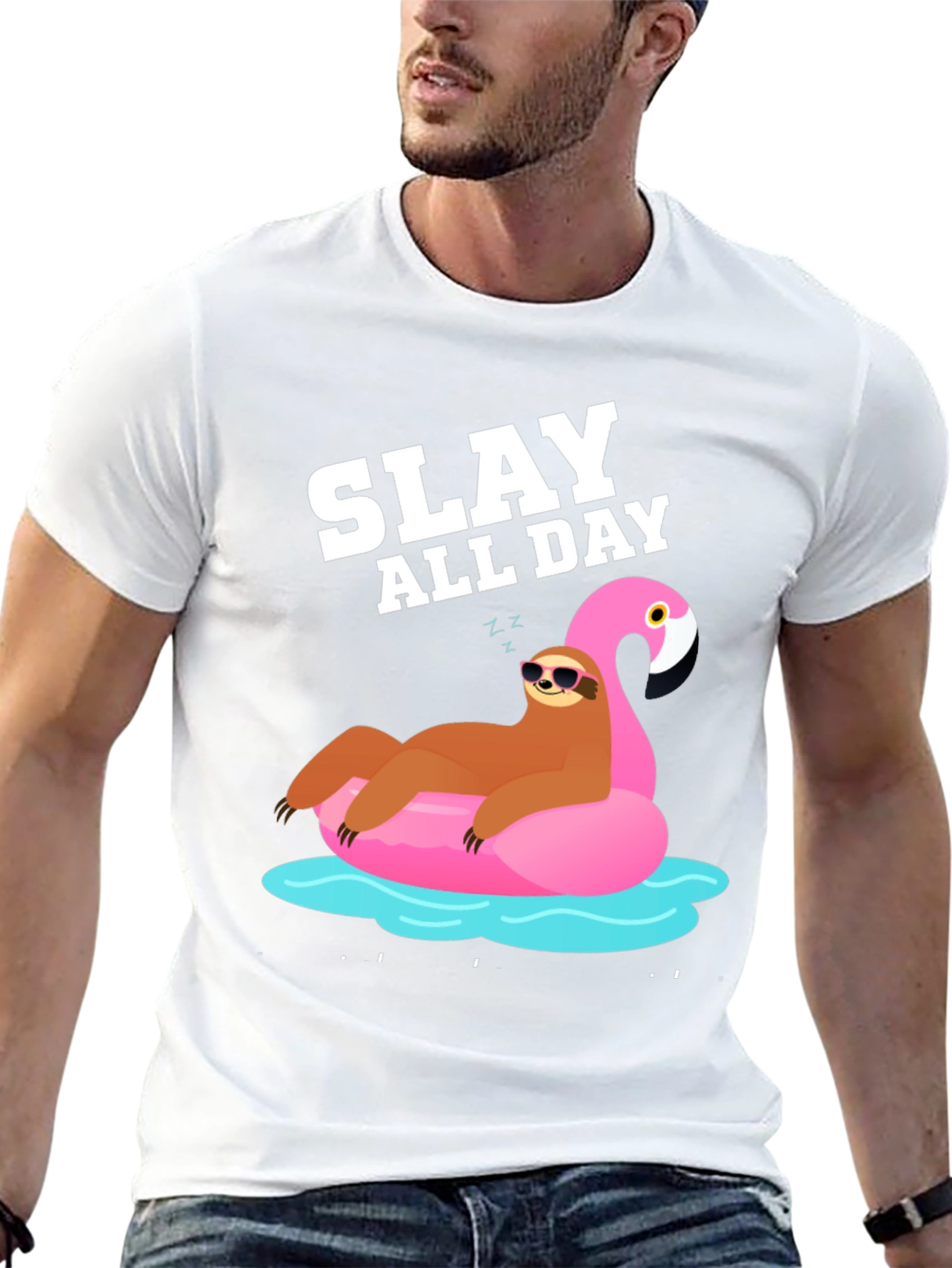 Slay All Day Sloth Flamingo Pool Float T-Shirt