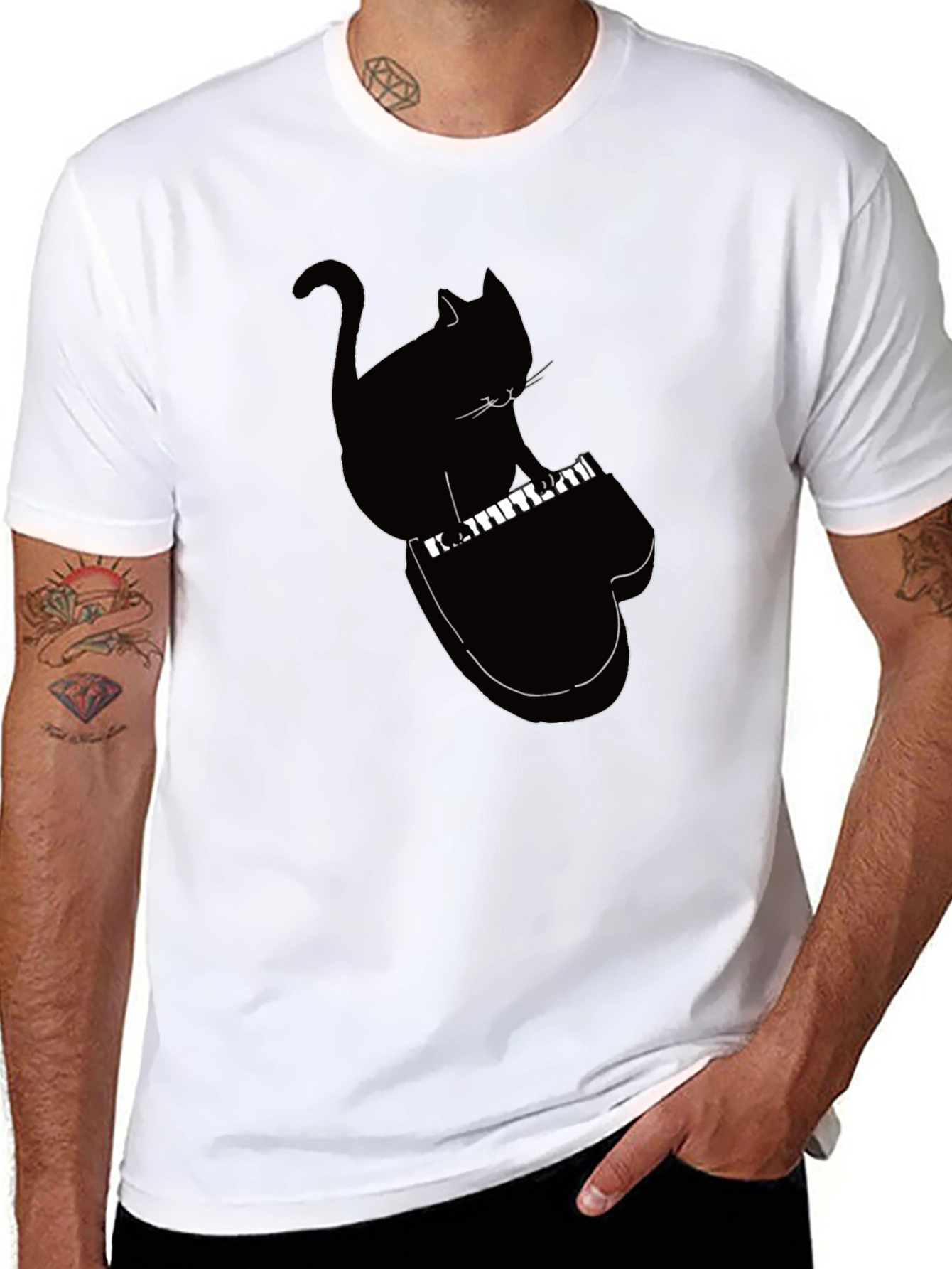 Cool Cat Playing Piano Graphic Tee - Black
