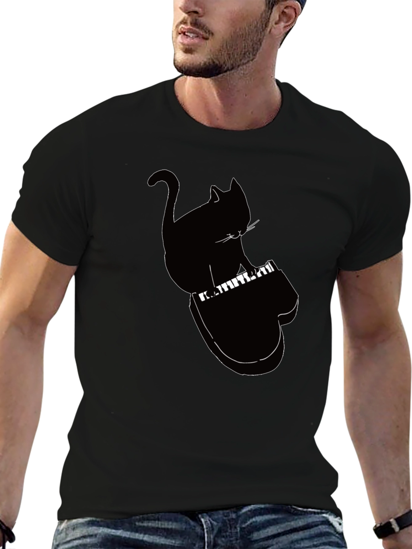 Cool Cat Playing Piano Graphic Tee - Black