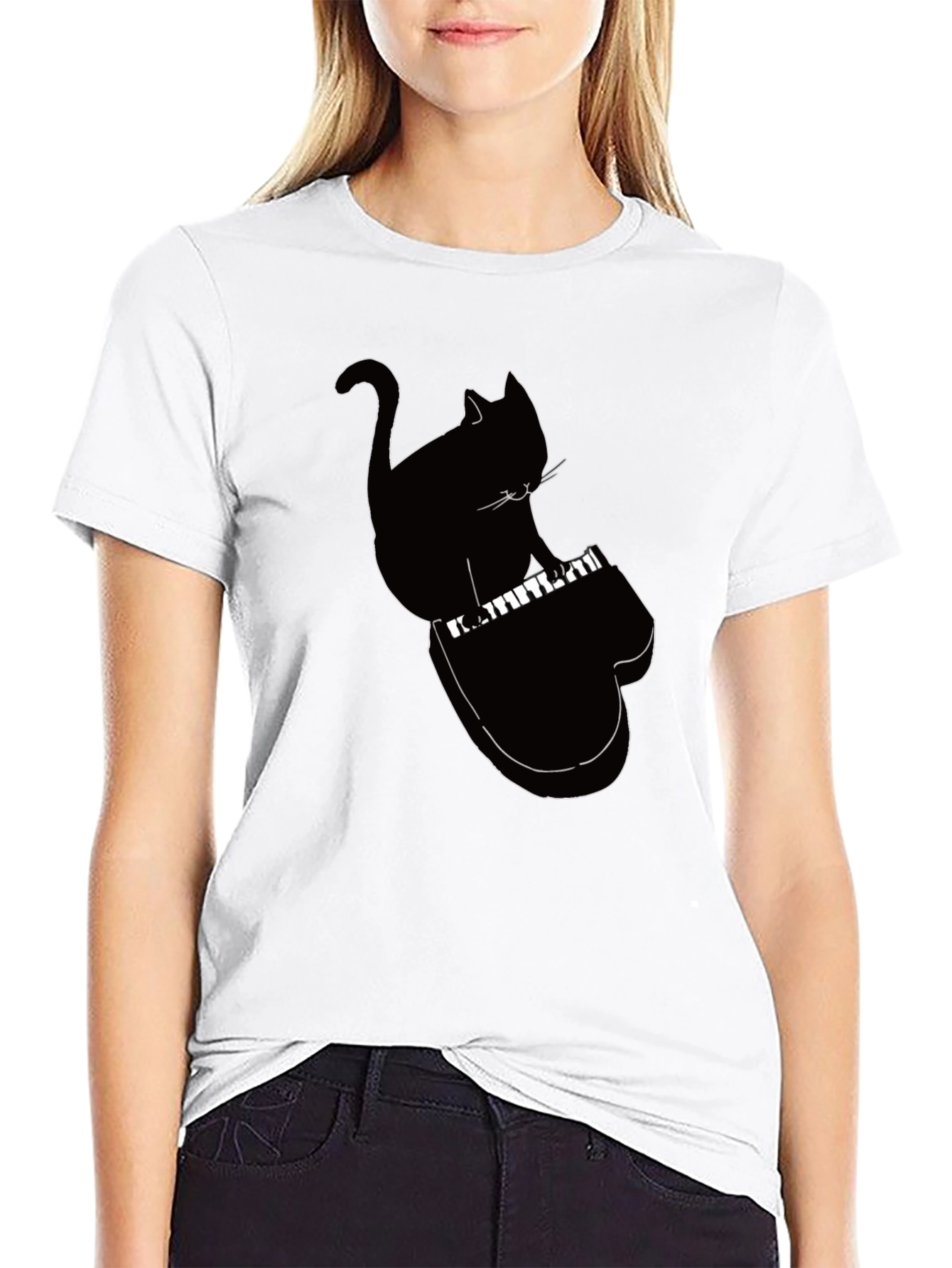 Cool Cat Playing Piano Graphic Tee - Black
