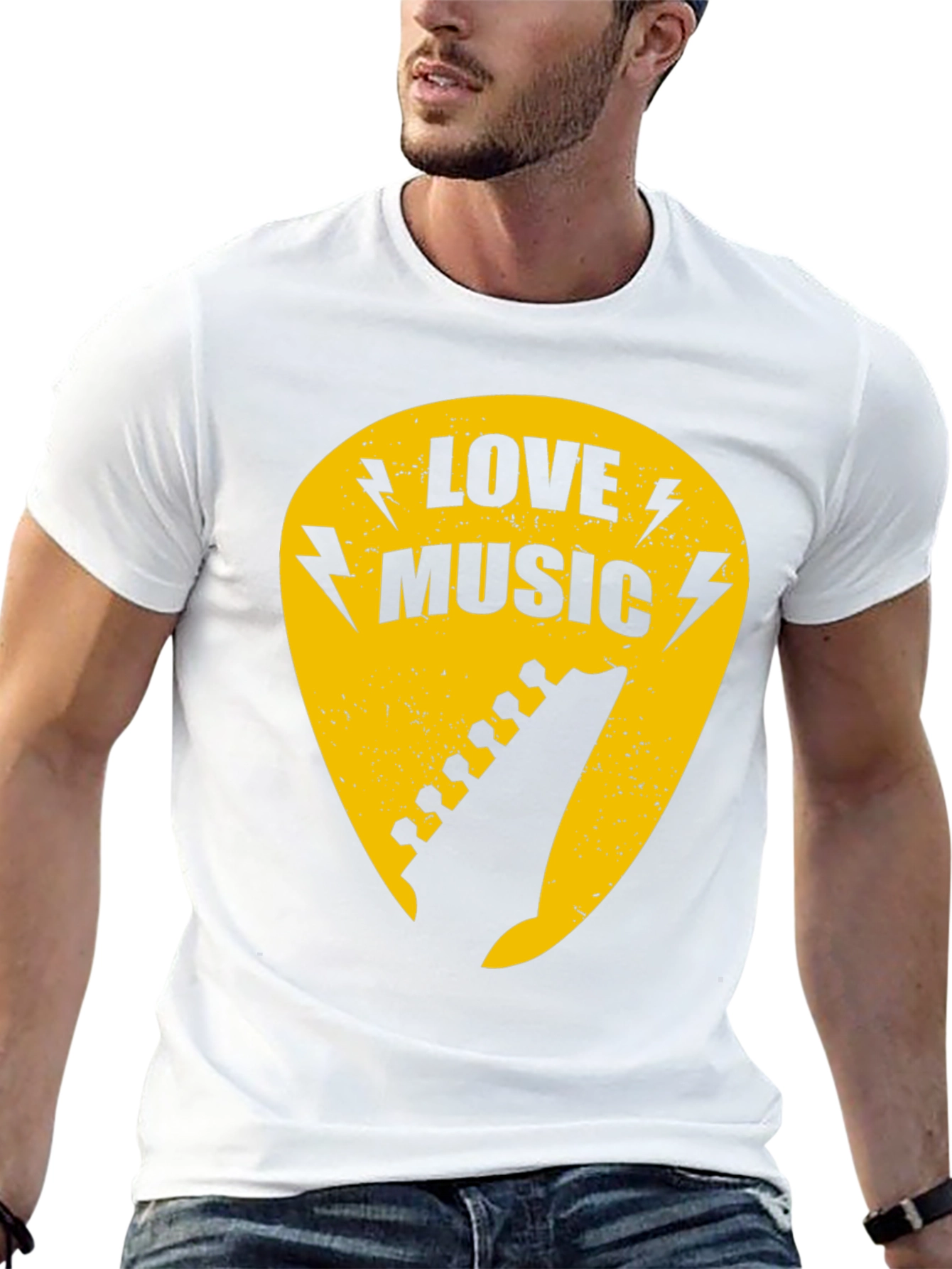 Love Music Black Graphic T-Shirt - Guitar Pick Design