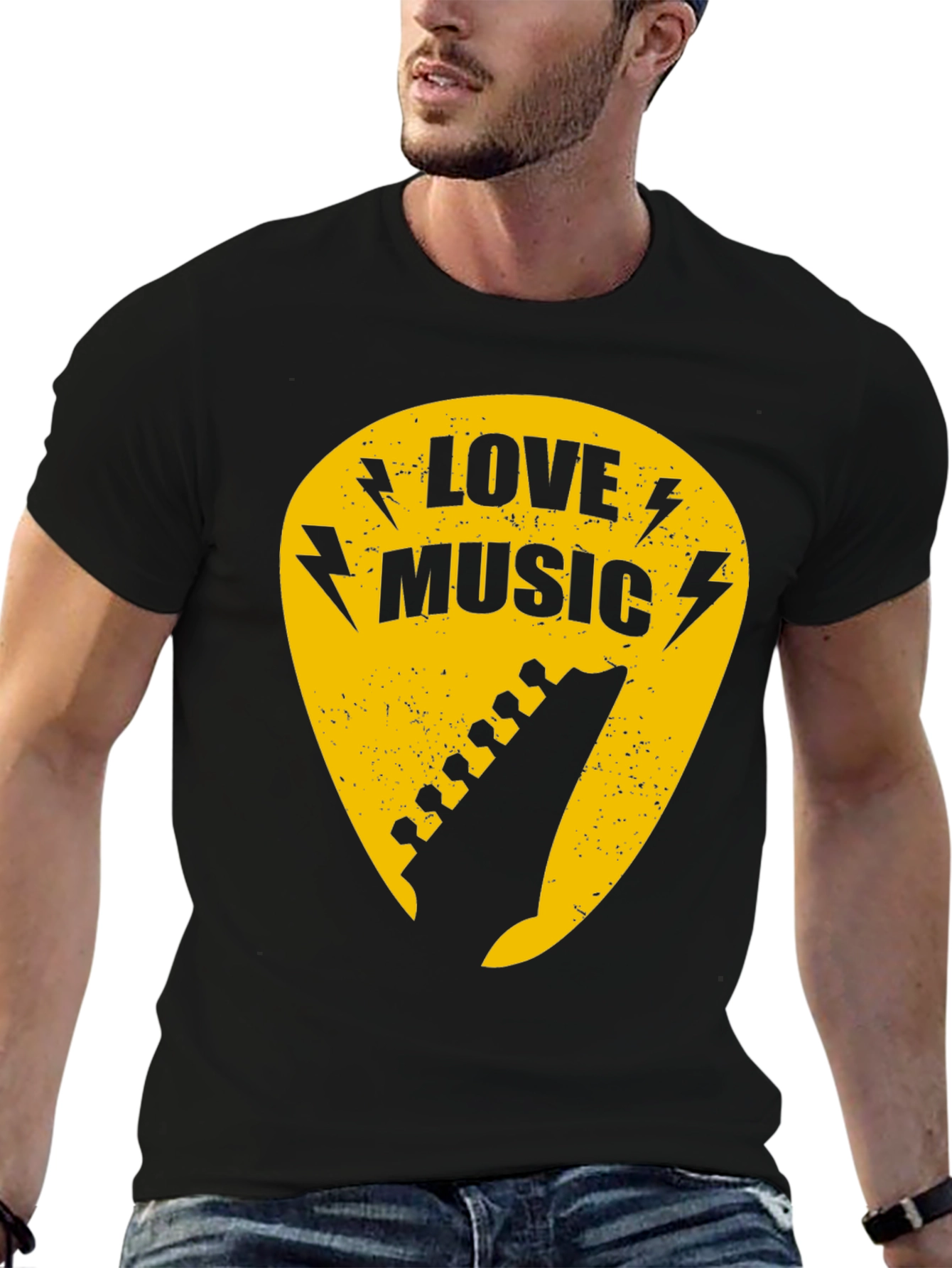 Love Music Black Graphic T-Shirt - Guitar Pick Design