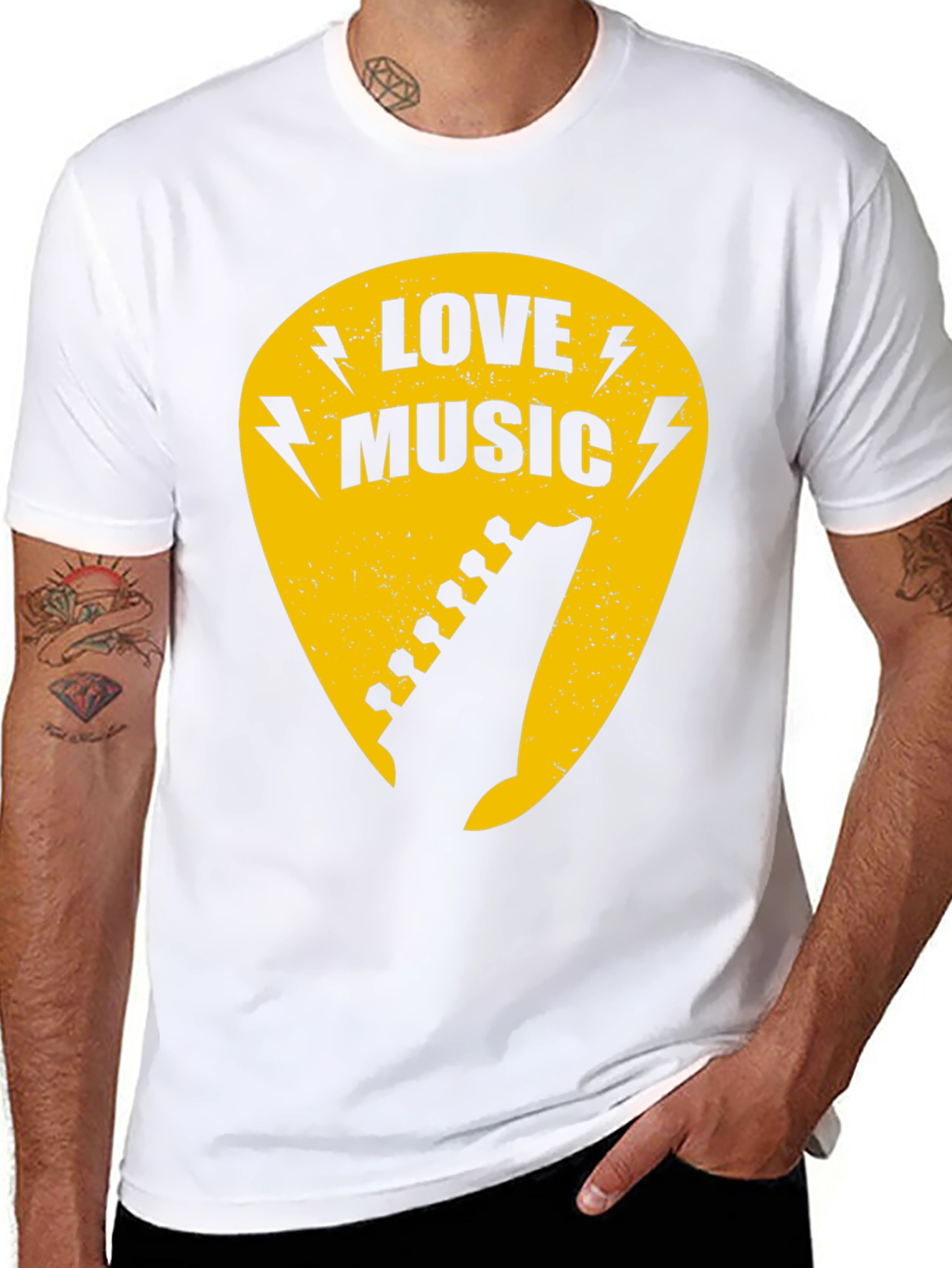 Love Music Black Graphic T-Shirt - Guitar Pick Design