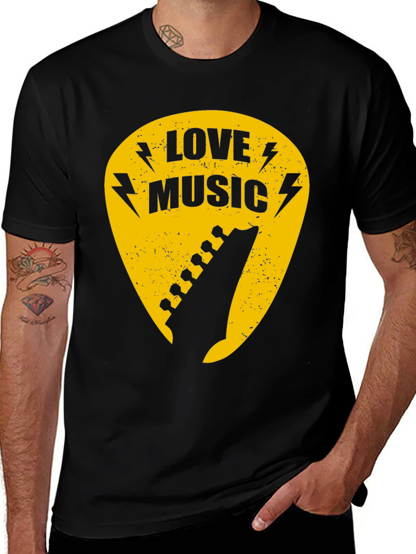 Love Music Black Graphic T-Shirt - Guitar Pick Design