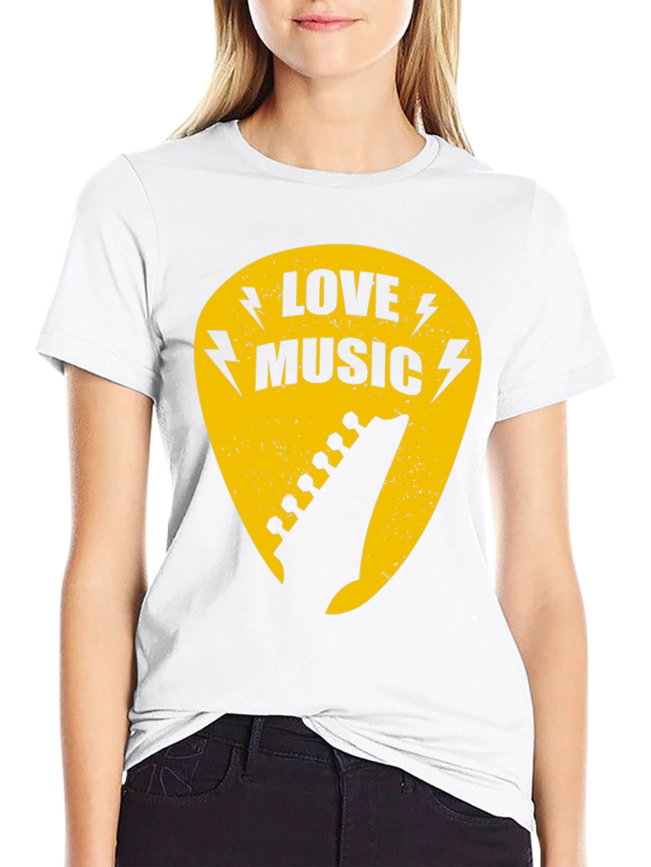 Love Music Black Graphic T-Shirt - Guitar Pick Design