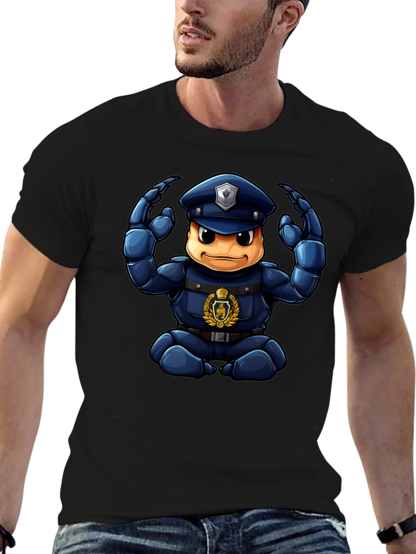 Cartoon Police Character Graphic Black T-Shirt