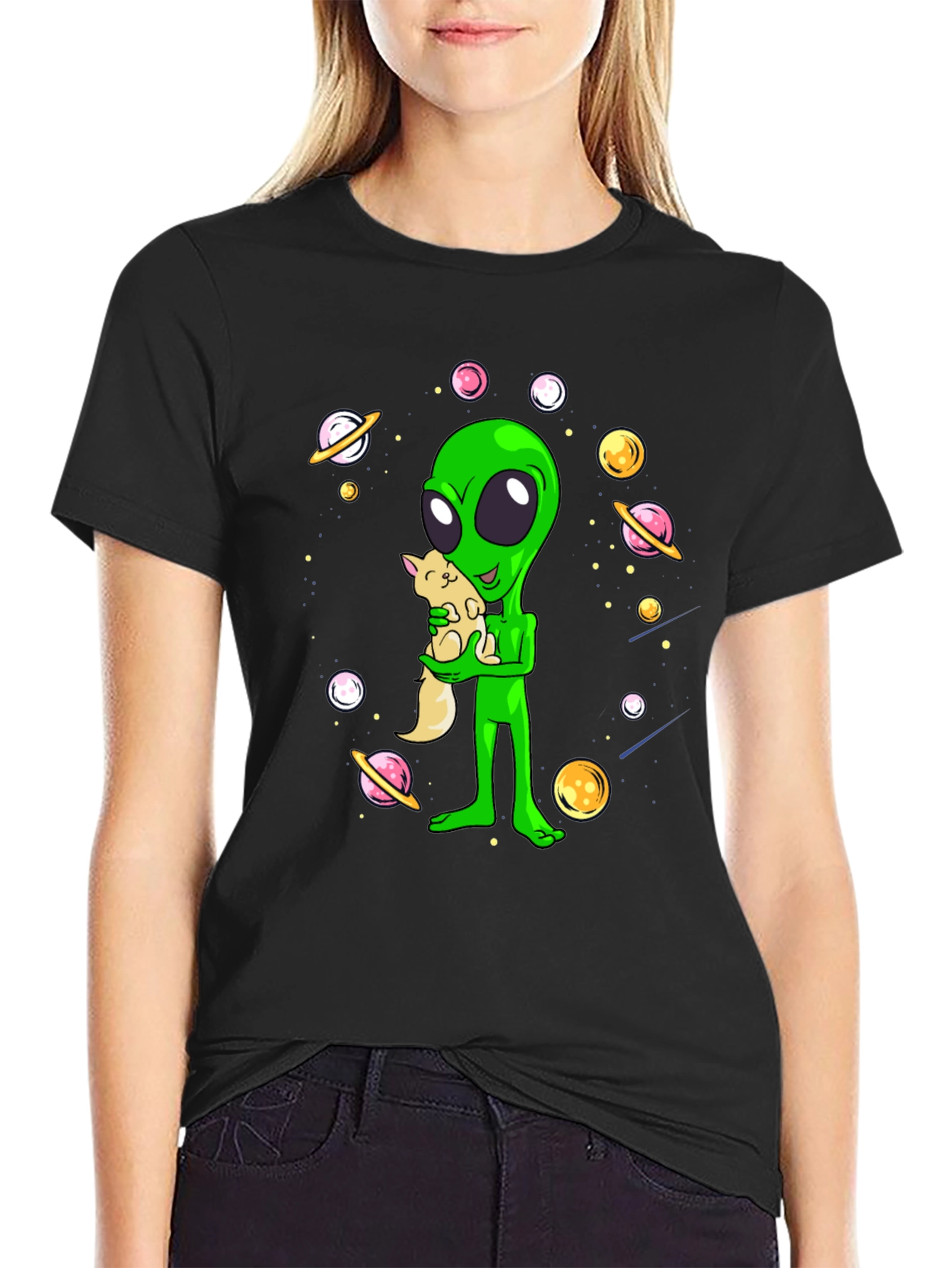 Alien Holding Cat T-Shirt - Outer Space Design