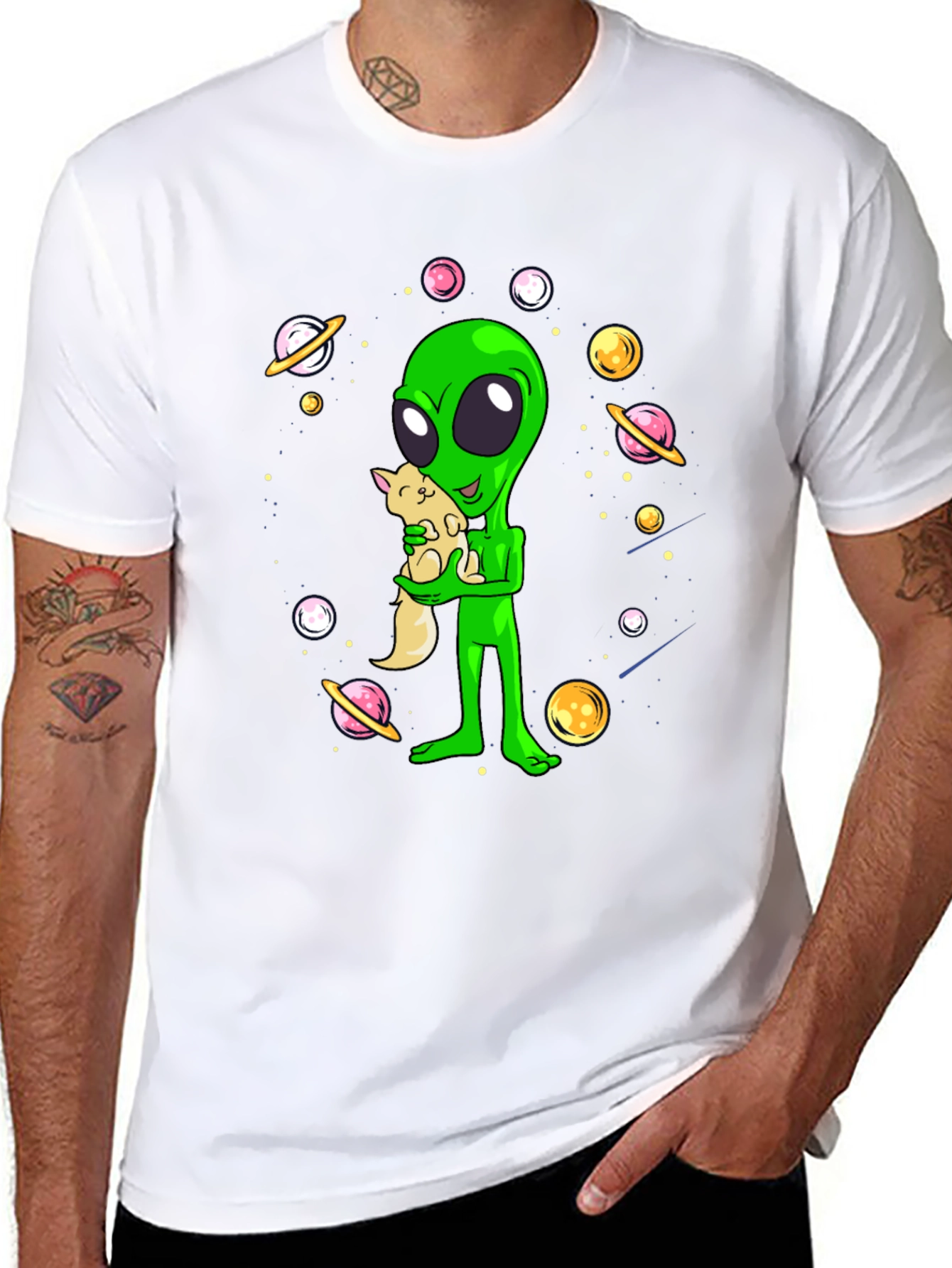Alien Holding Cat T-Shirt - Outer Space Design