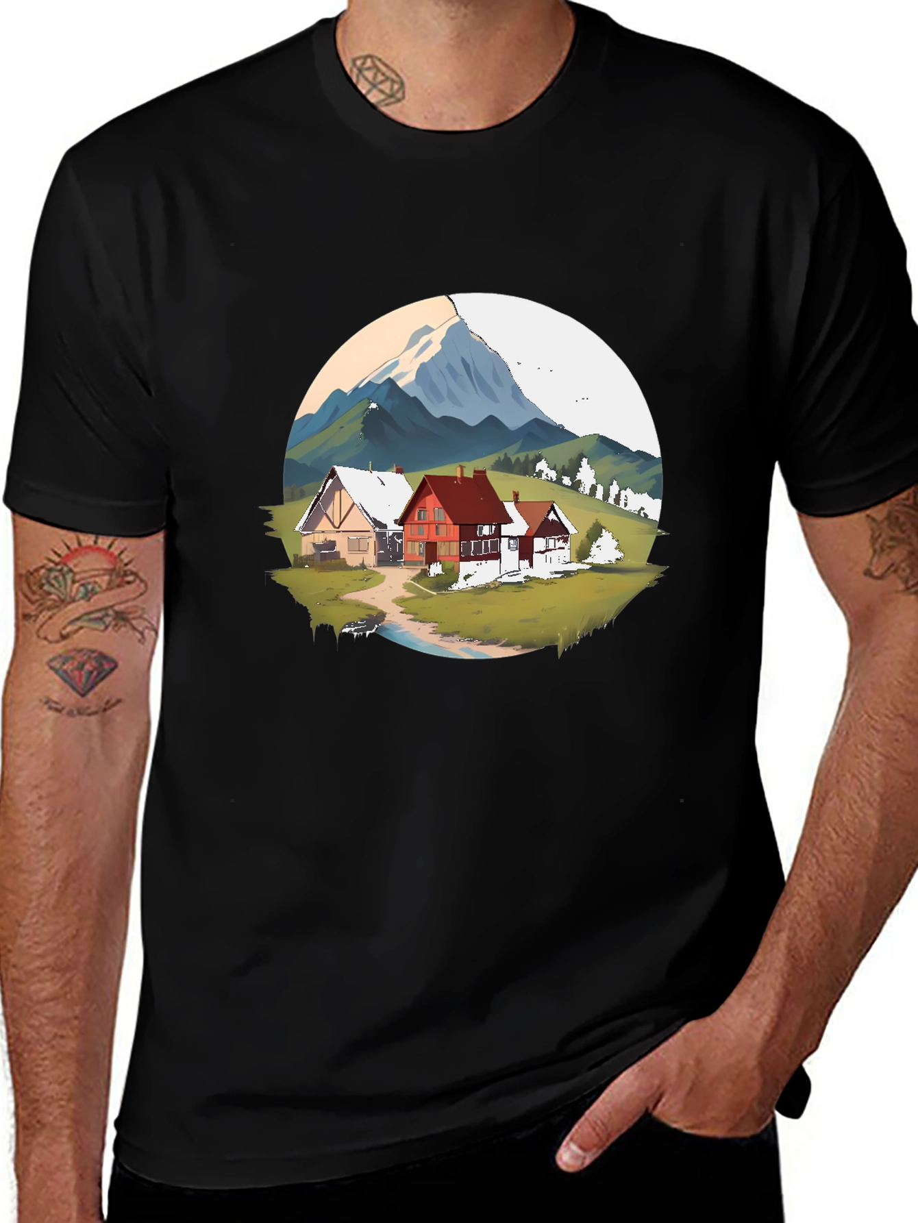 Mountain Village Graphic Black T-Shirt