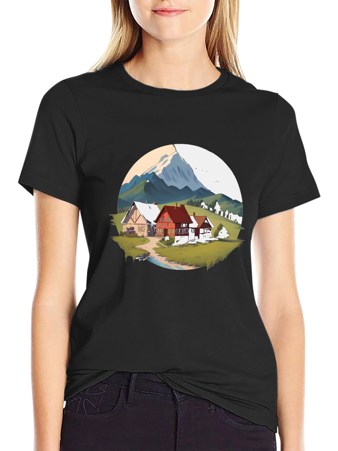 Mountain Village Graphic Black T-Shirt