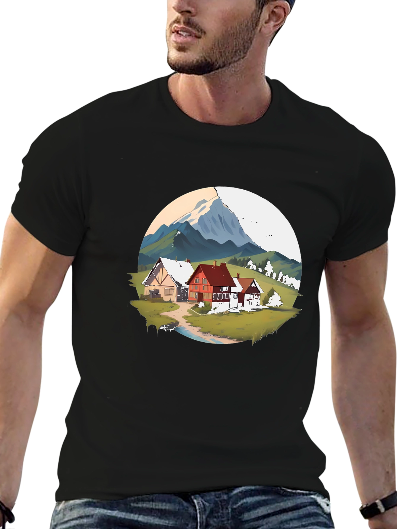 Mountain Village Graphic Black T-Shirt