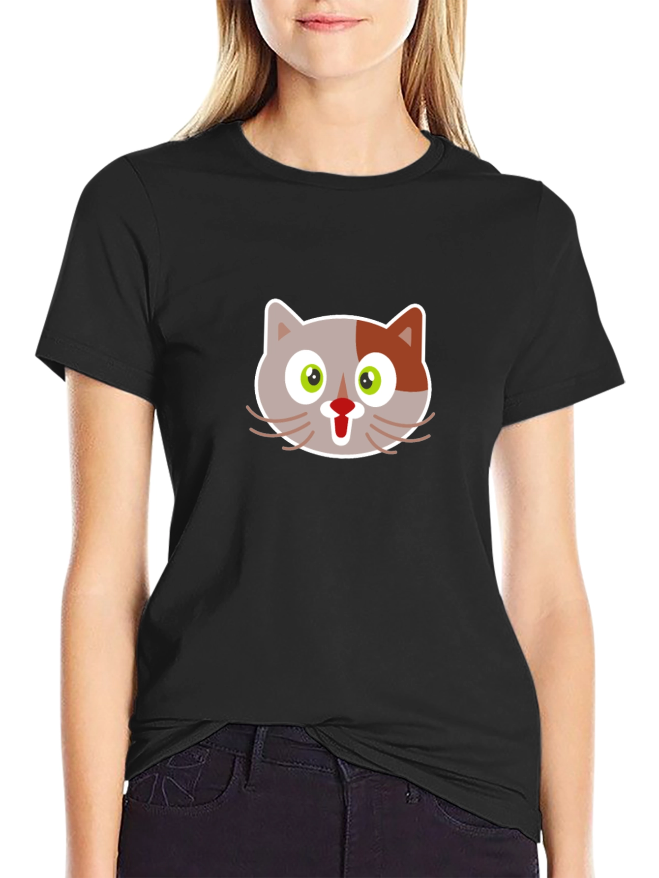 Cartoon Cat Graphic Tee - Black