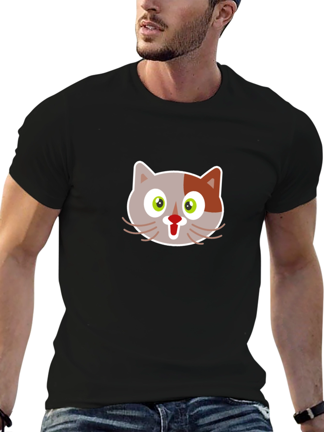 Cartoon Cat Graphic Tee - Black