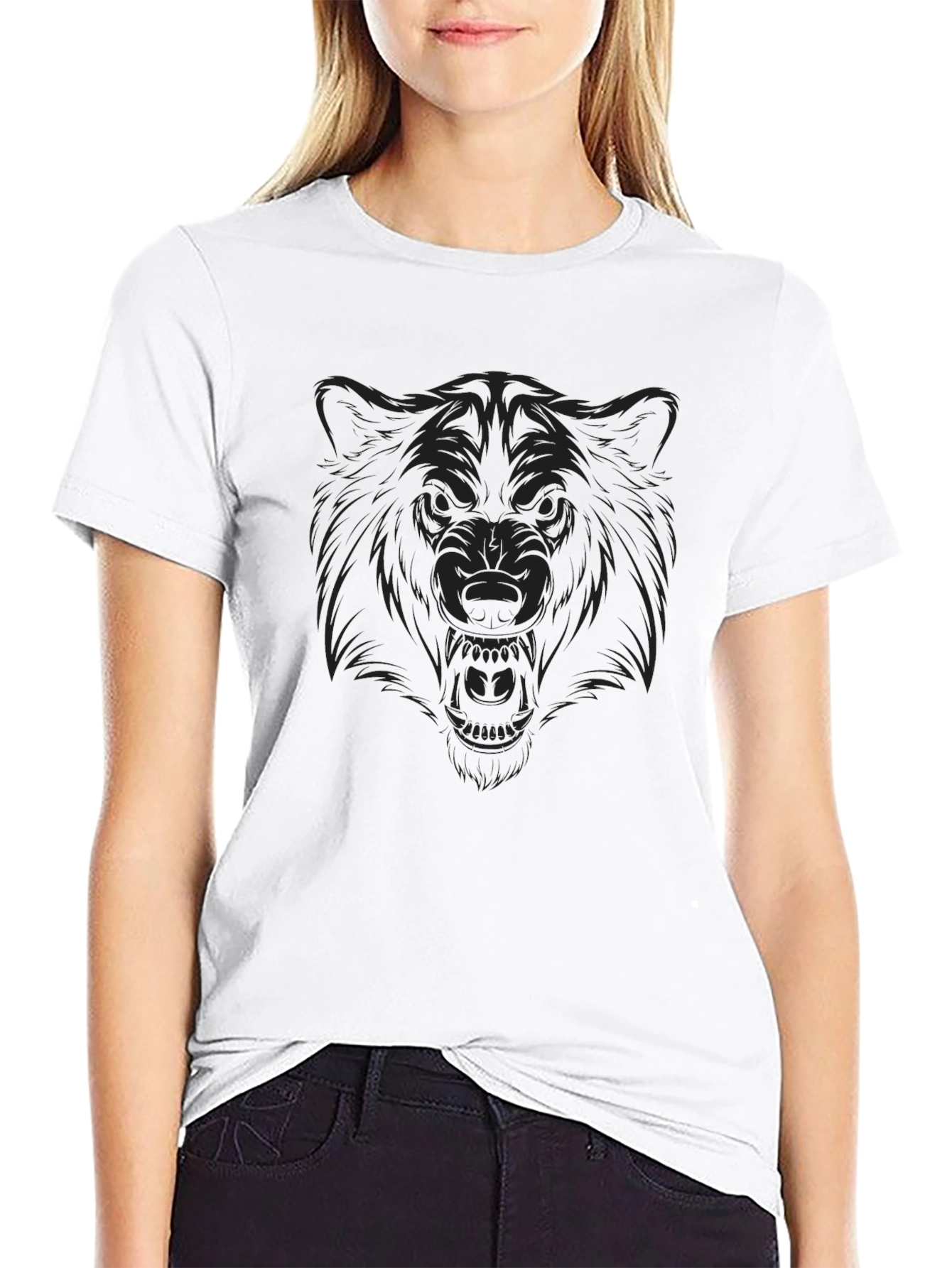 Mens Black T-Shirt with Wolf Graphic