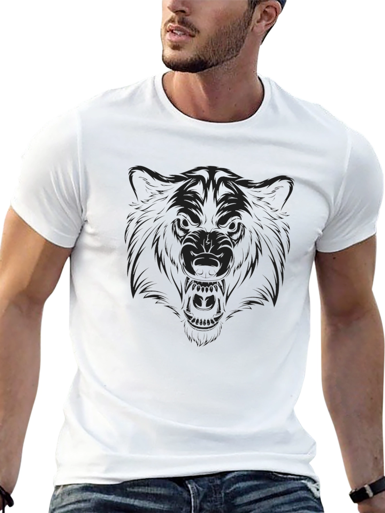 Mens Black T-Shirt with Wolf Graphic