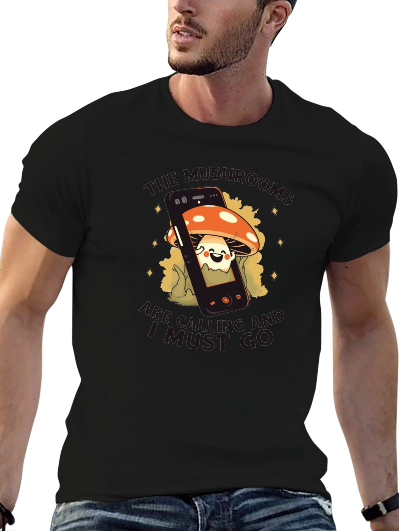 Mushroom Smartphone Graphic Tee - Black Cotton Blend
