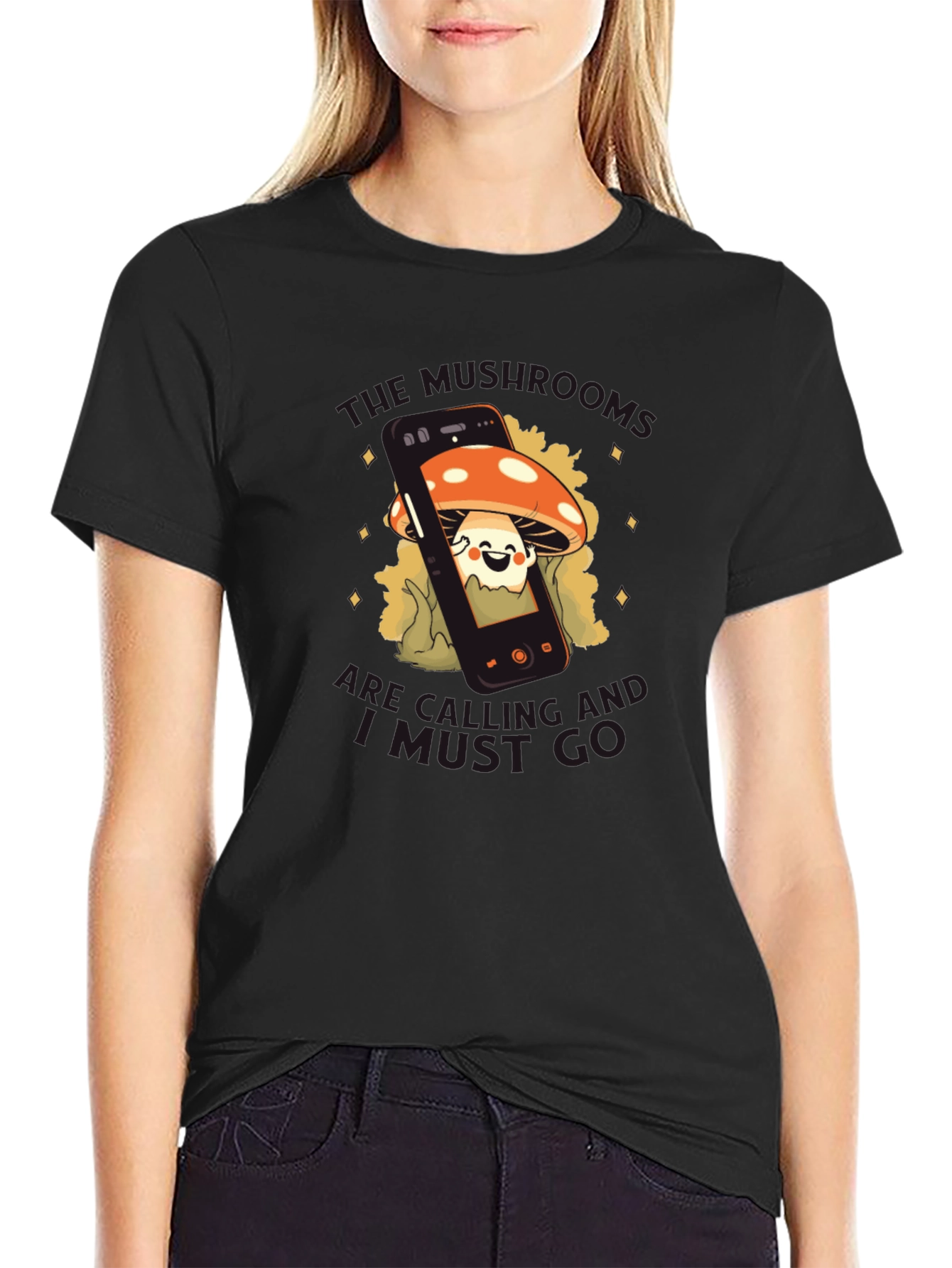 Mushroom Smartphone Graphic Tee - Black Cotton Blend