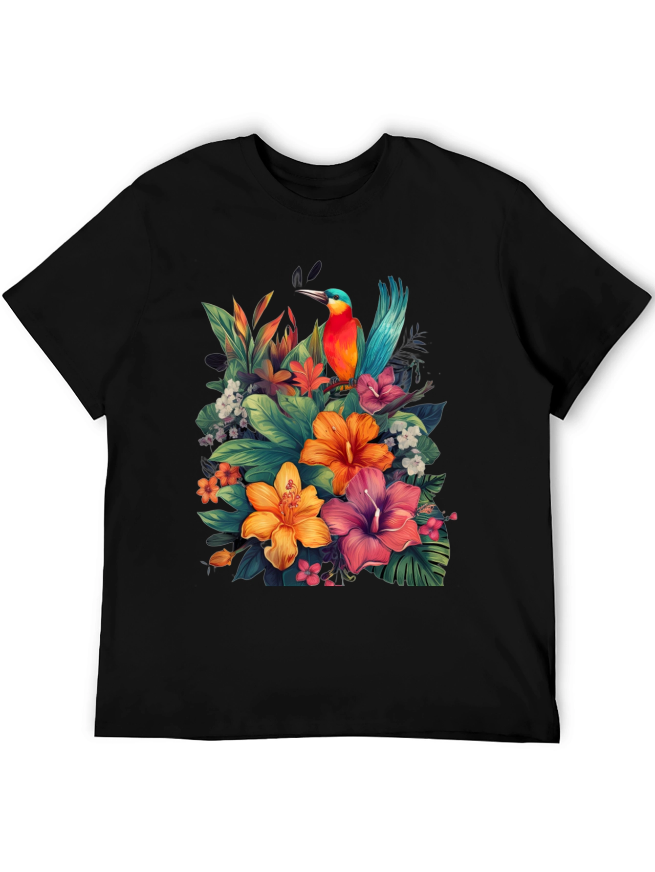 Tropical Bird & Floral Graphic Tee - Black