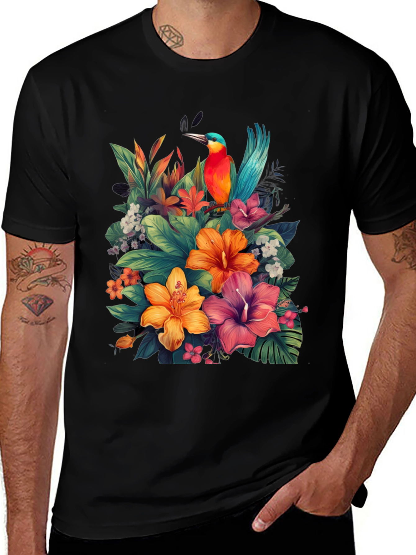 Tropical Bird & Floral Graphic Tee - Black