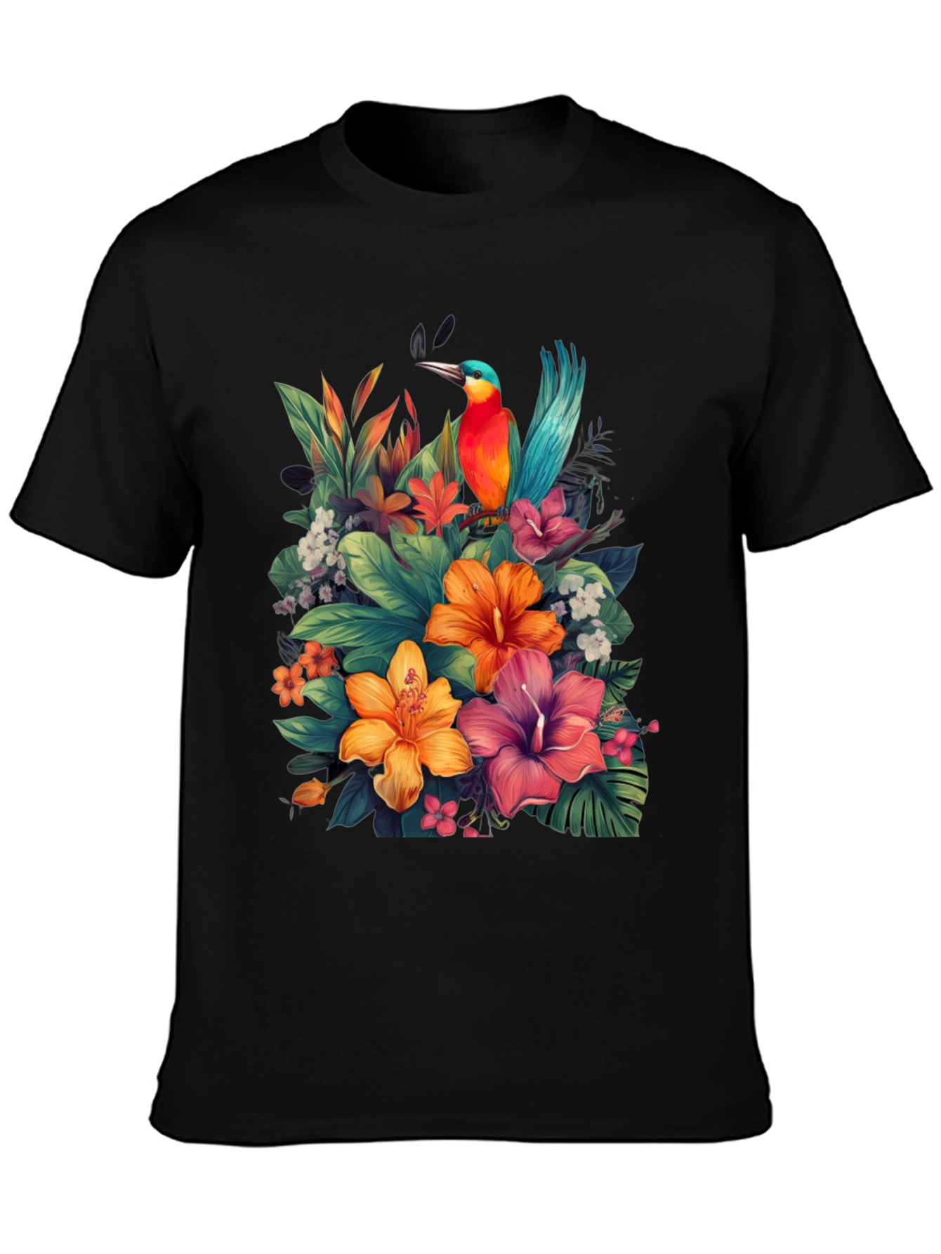 Tropical Bird & Floral Graphic Tee - Black