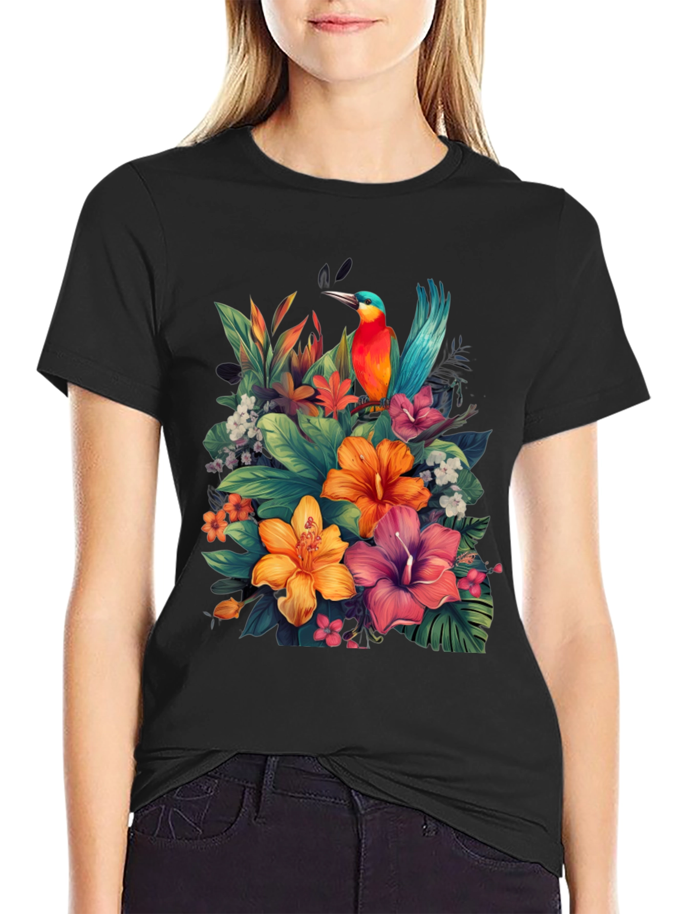 Tropical Bird & Floral Graphic Tee - Black