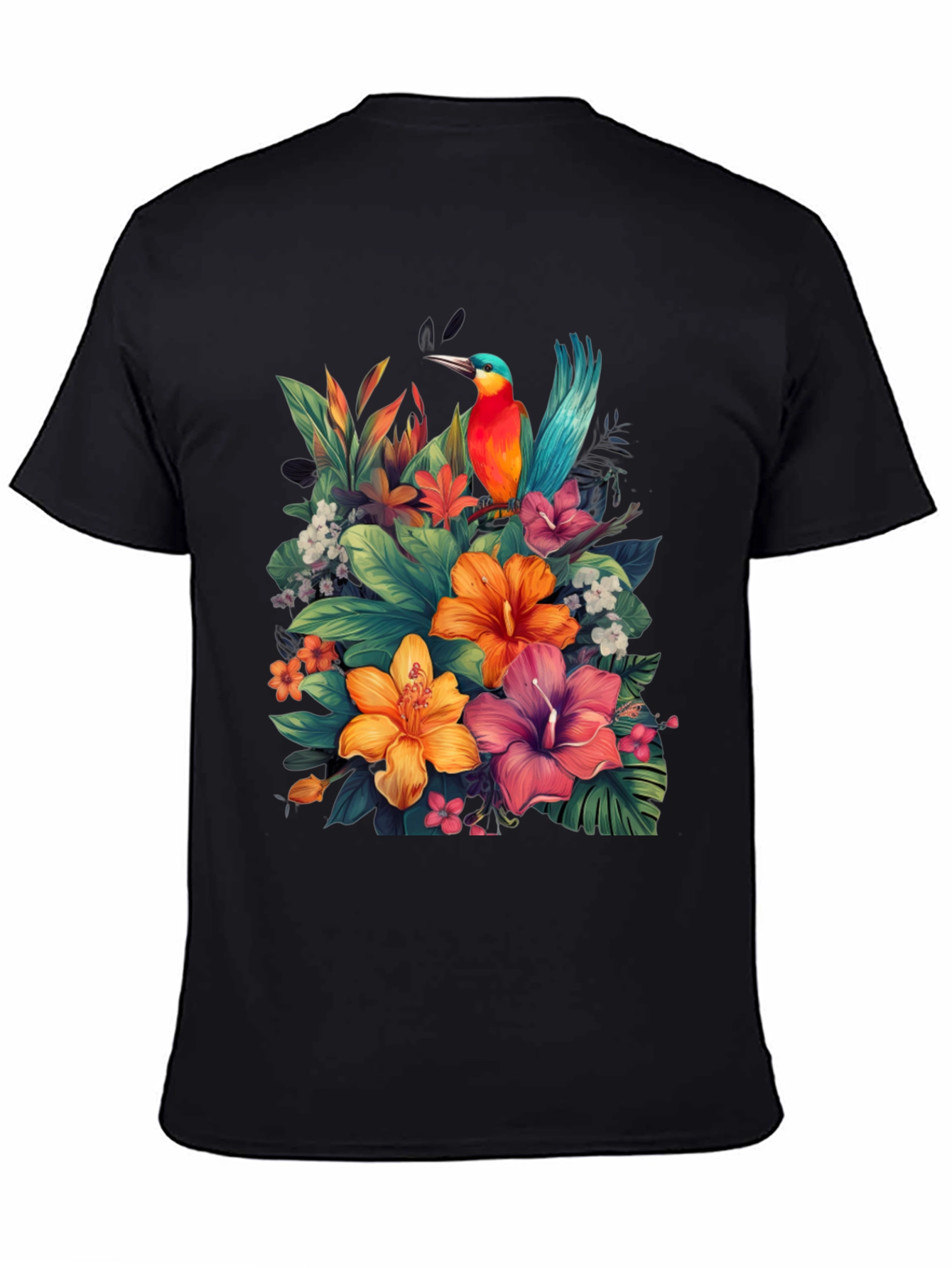 Tropical Bird & Floral Graphic Tee - Black