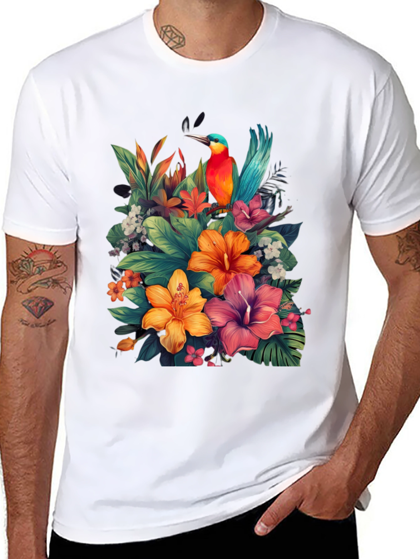 Tropical Bird & Floral Graphic Tee - Black