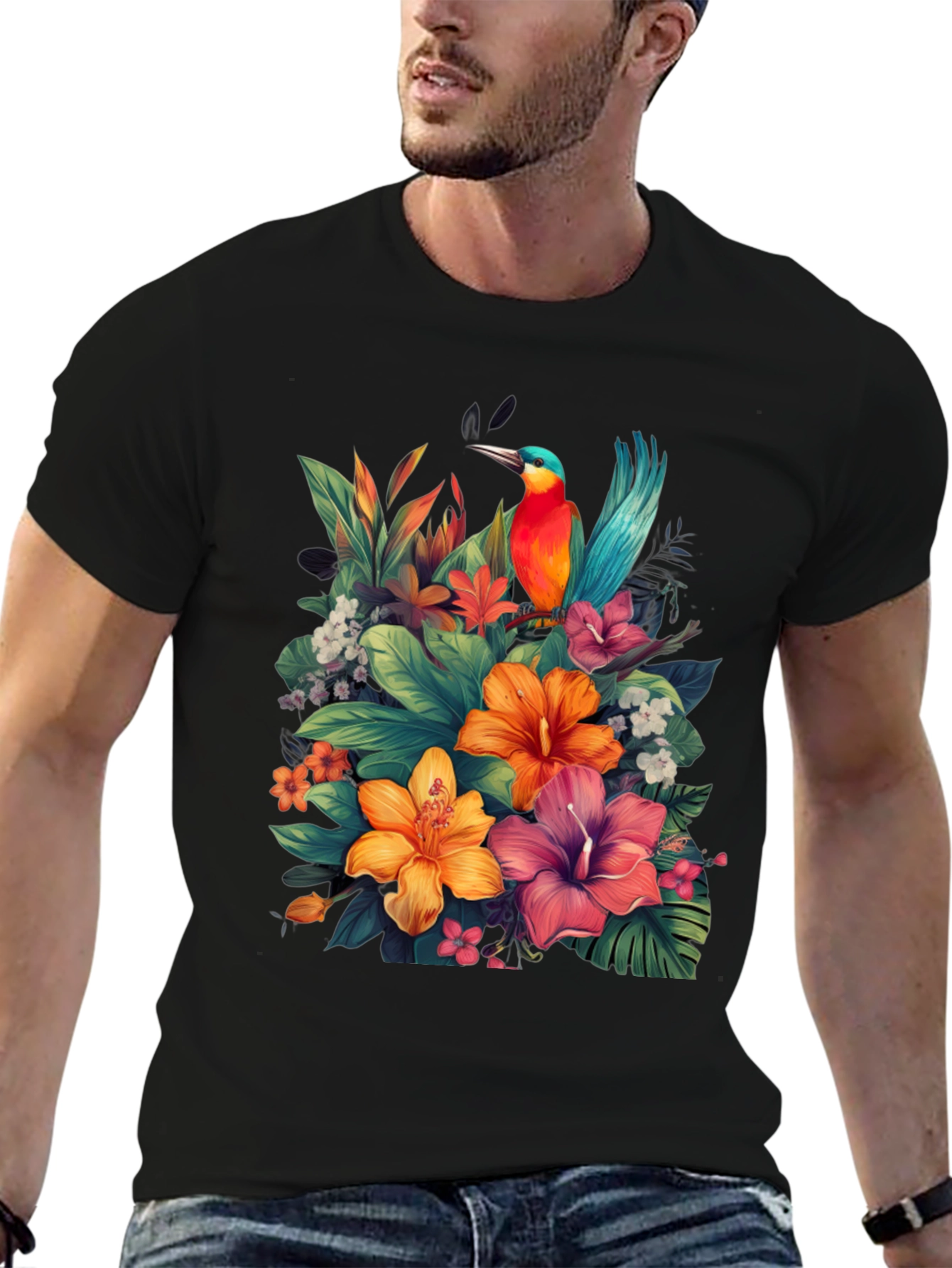 Tropical Bird & Floral Graphic Tee - Black