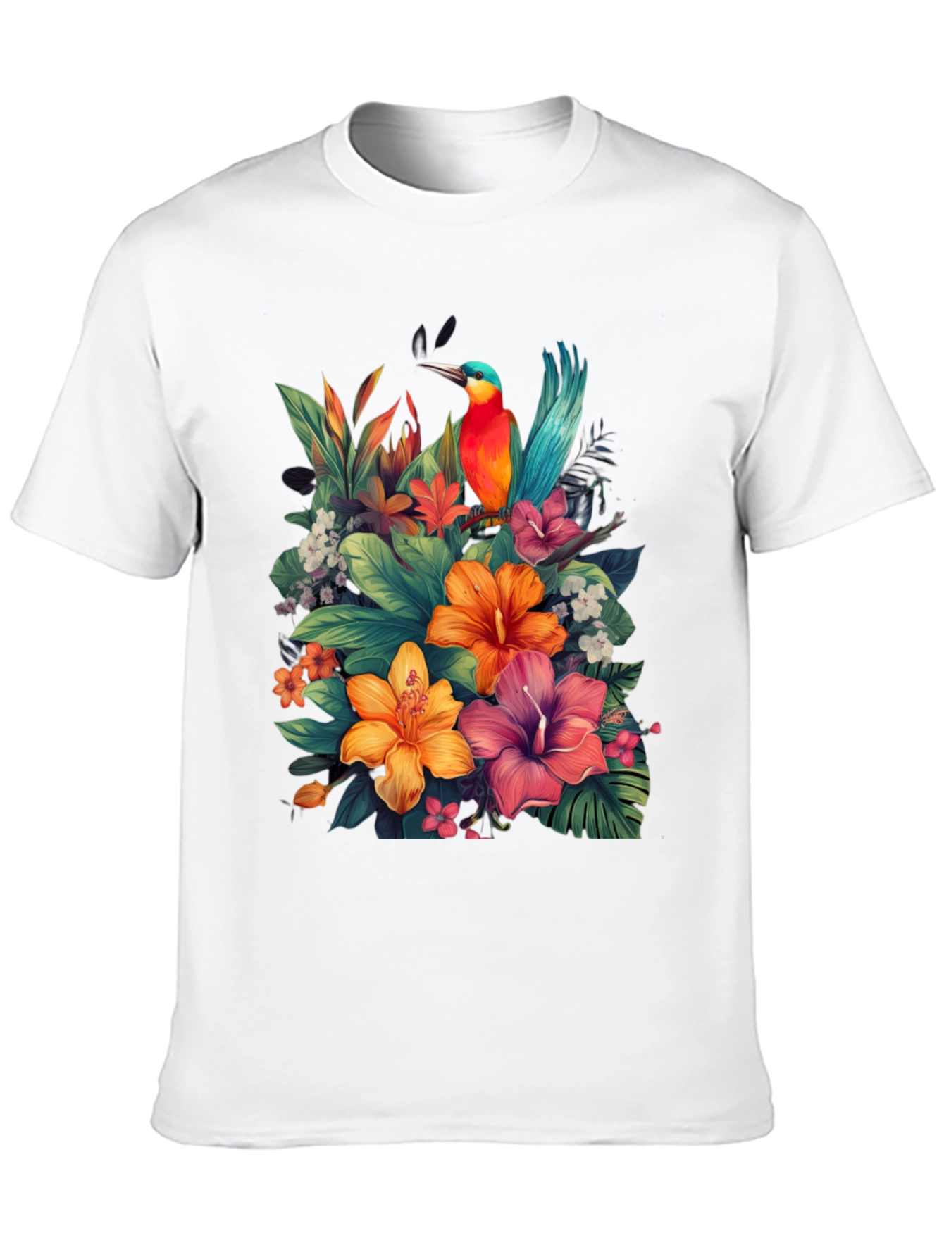 Tropical Bird & Floral Graphic Tee - Black