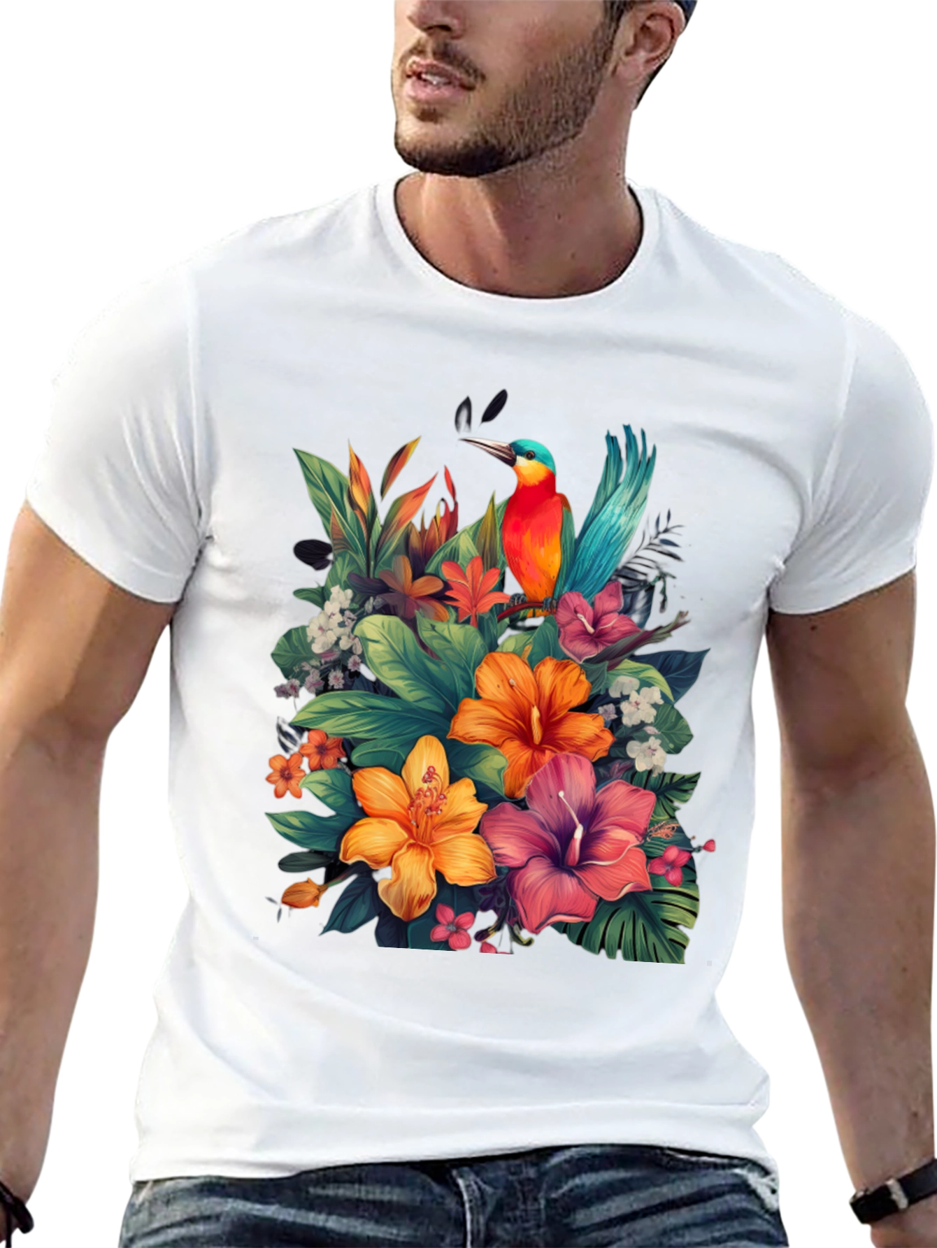 Tropical Bird & Floral Graphic Tee - Black