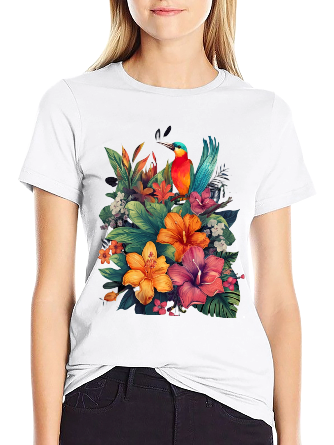Tropical Bird & Floral Graphic Tee - Black
