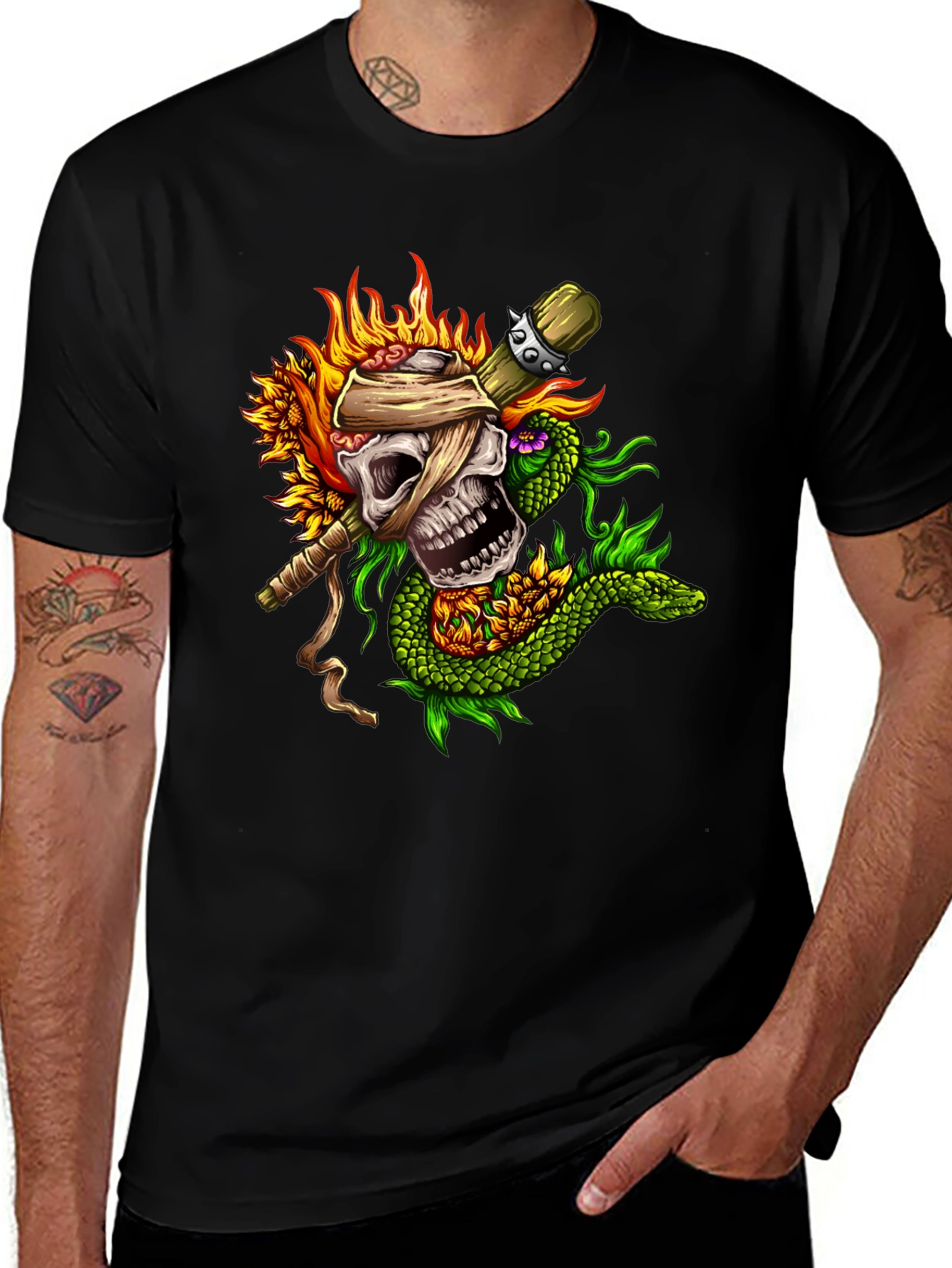 Skull & Snake Graphic Tee - Unique Tattoo Style
