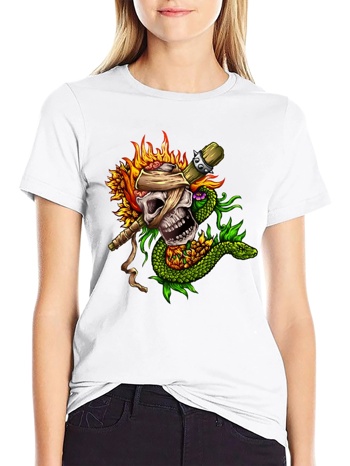 Skull & Snake Graphic Tee - Unique Tattoo Style