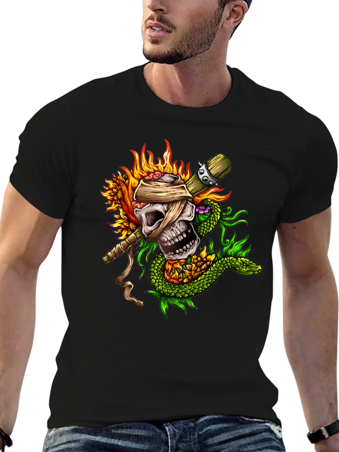 Skull & Snake Graphic Tee - Unique Tattoo Style