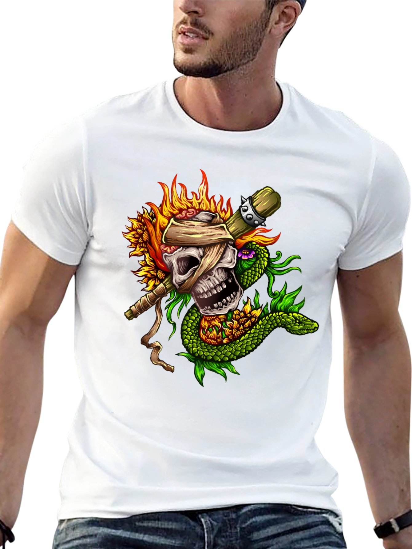 Skull & Snake Graphic Tee - Unique Tattoo Style