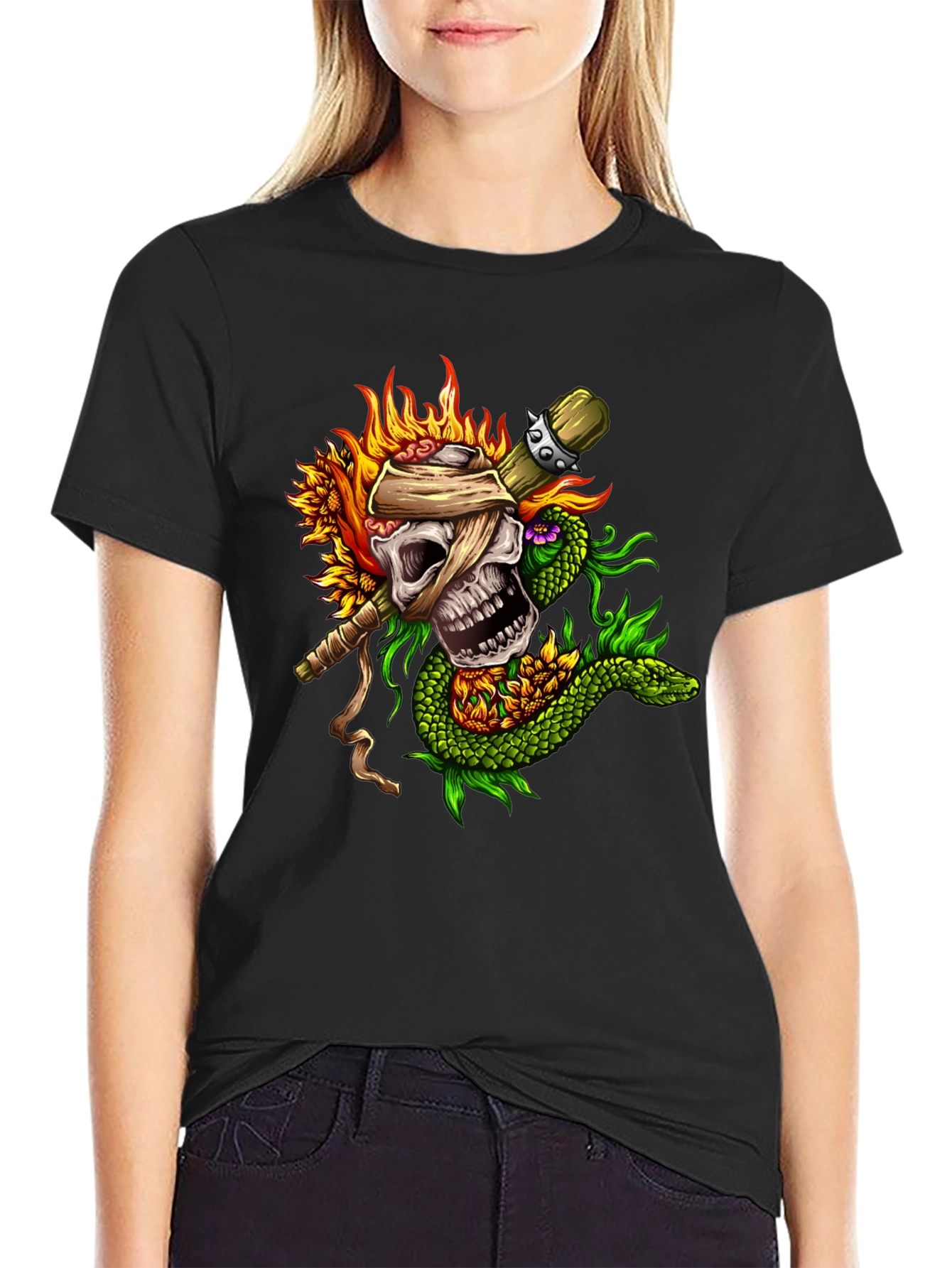 Skull & Snake Graphic Tee - Unique Tattoo Style