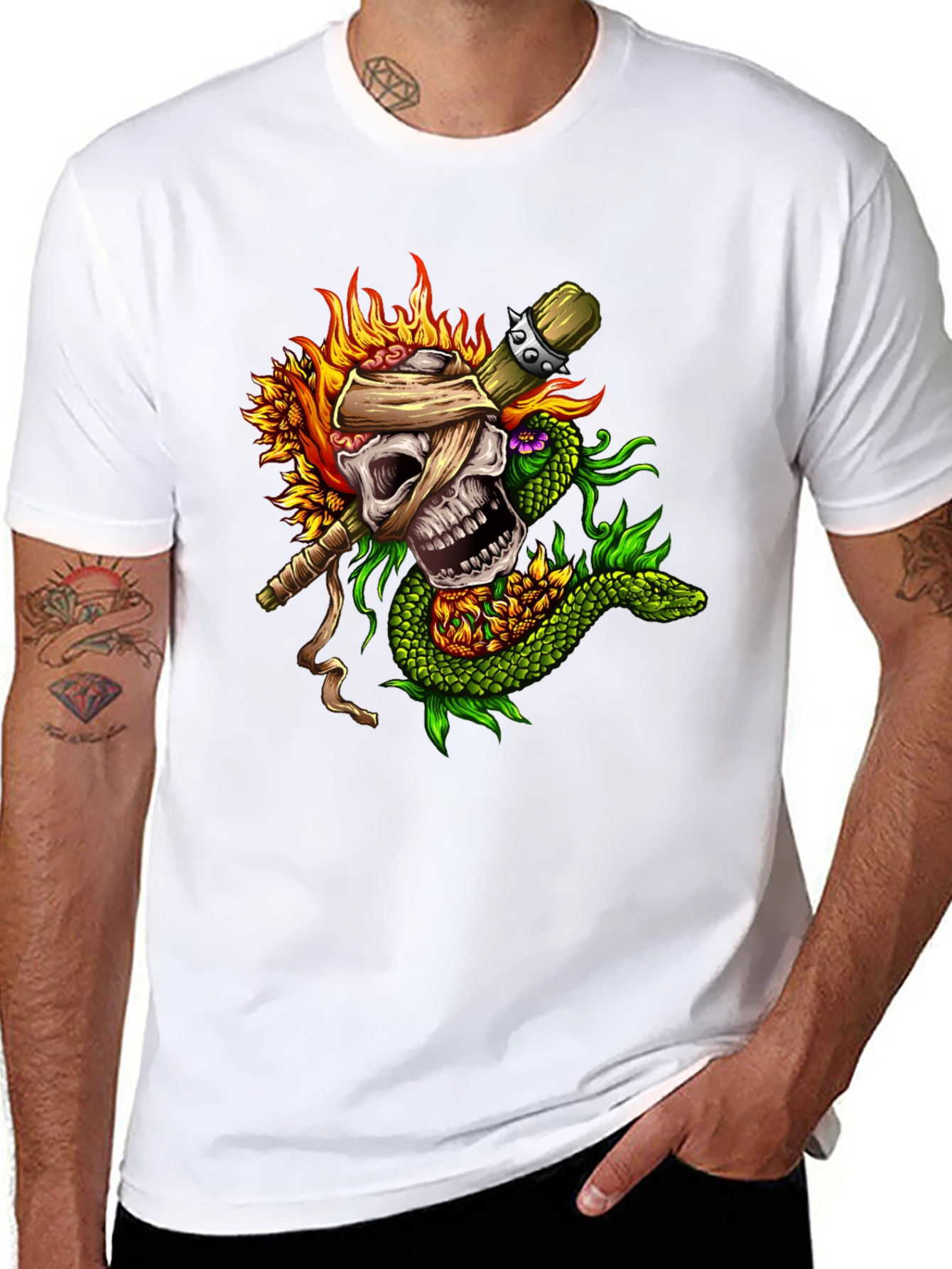 Skull & Snake Graphic Tee - Unique Tattoo Style