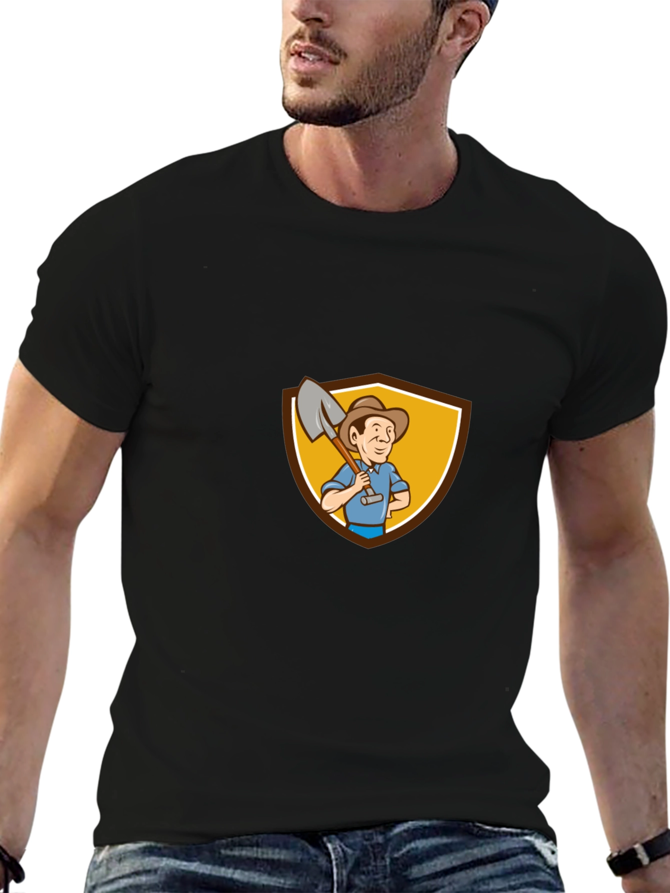 Gardener Cartoon Graphic Tee - Black Cotton T-Shirt