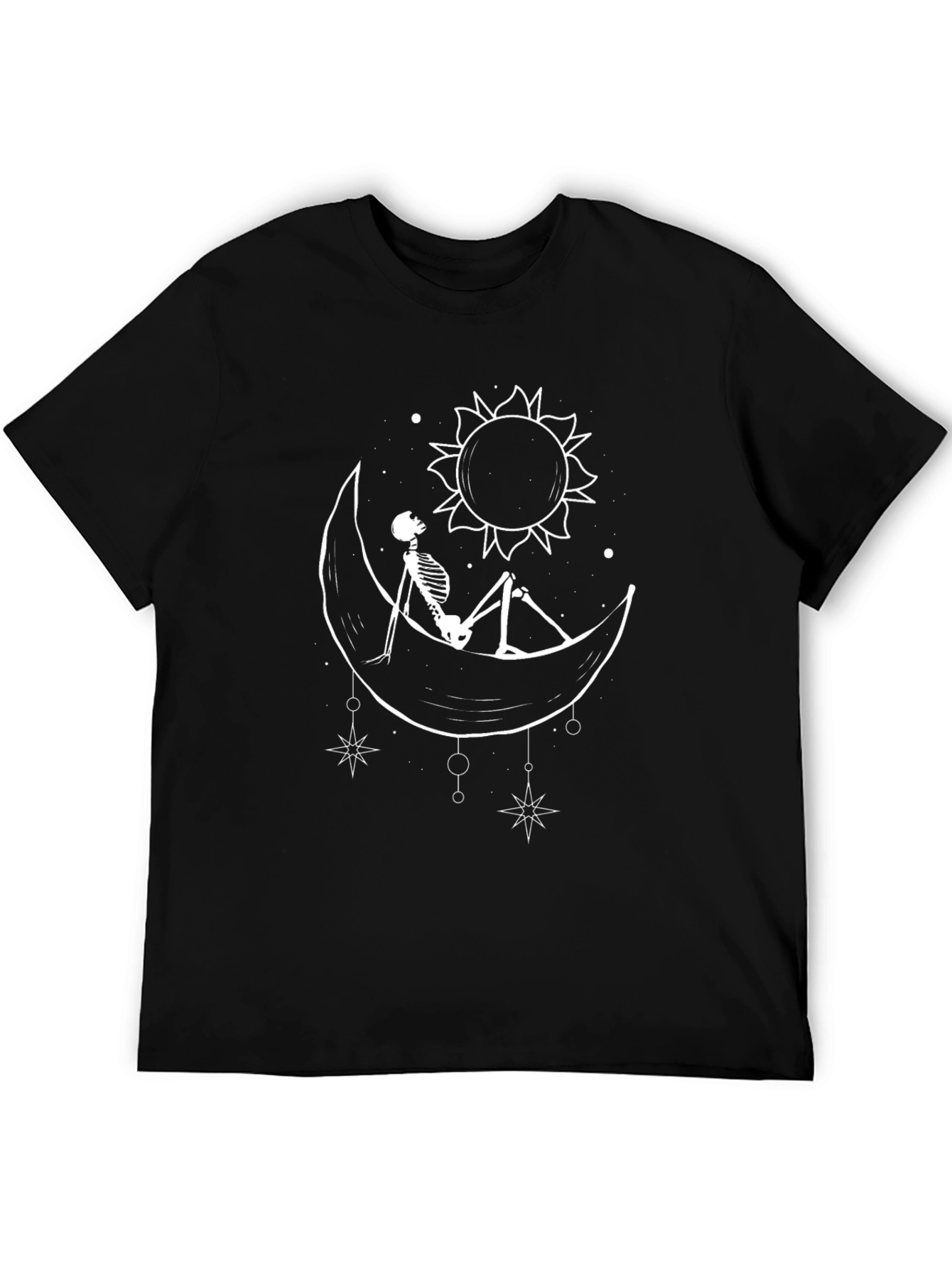 Black T-Shirt with Moon and Skeleton Design