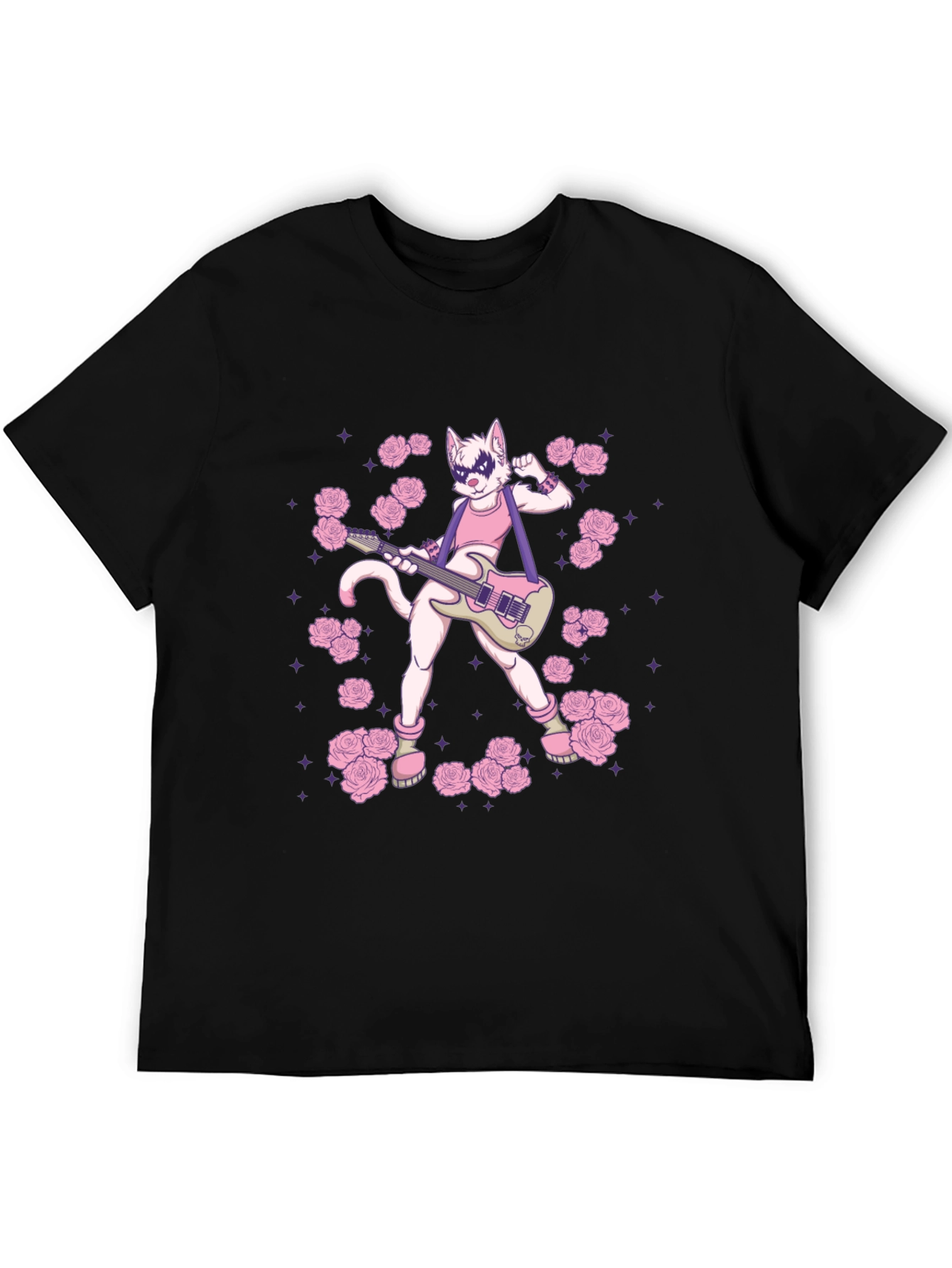 Black T-Shirt with Rock Star Cat Graphic