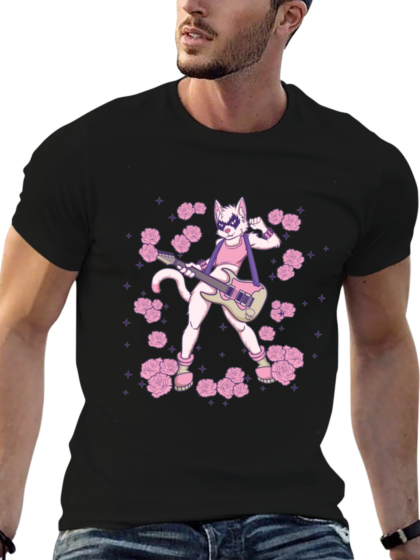 Black T-Shirt with Rock Star Cat Graphic