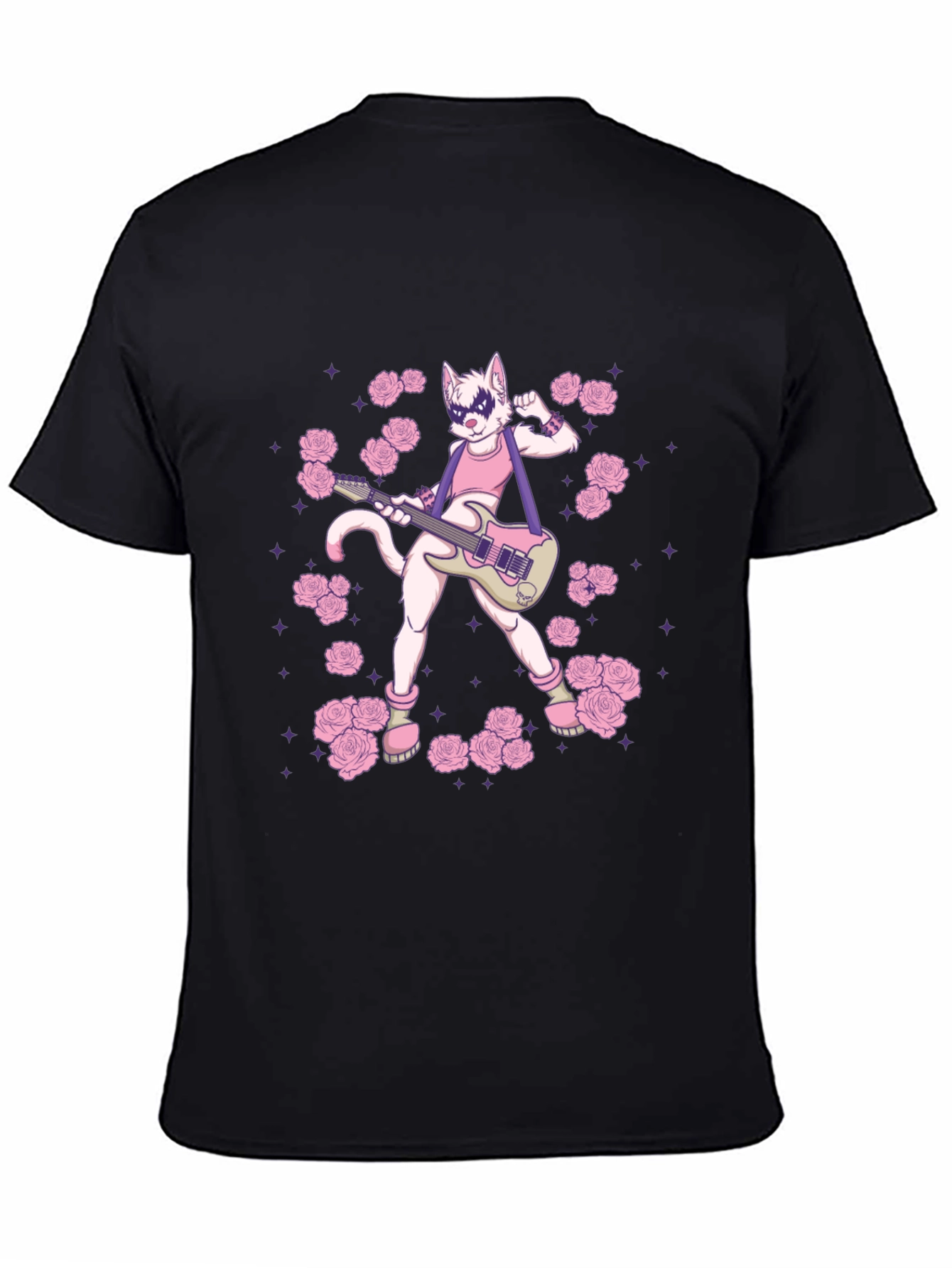 Black T-Shirt with Rock Star Cat Graphic